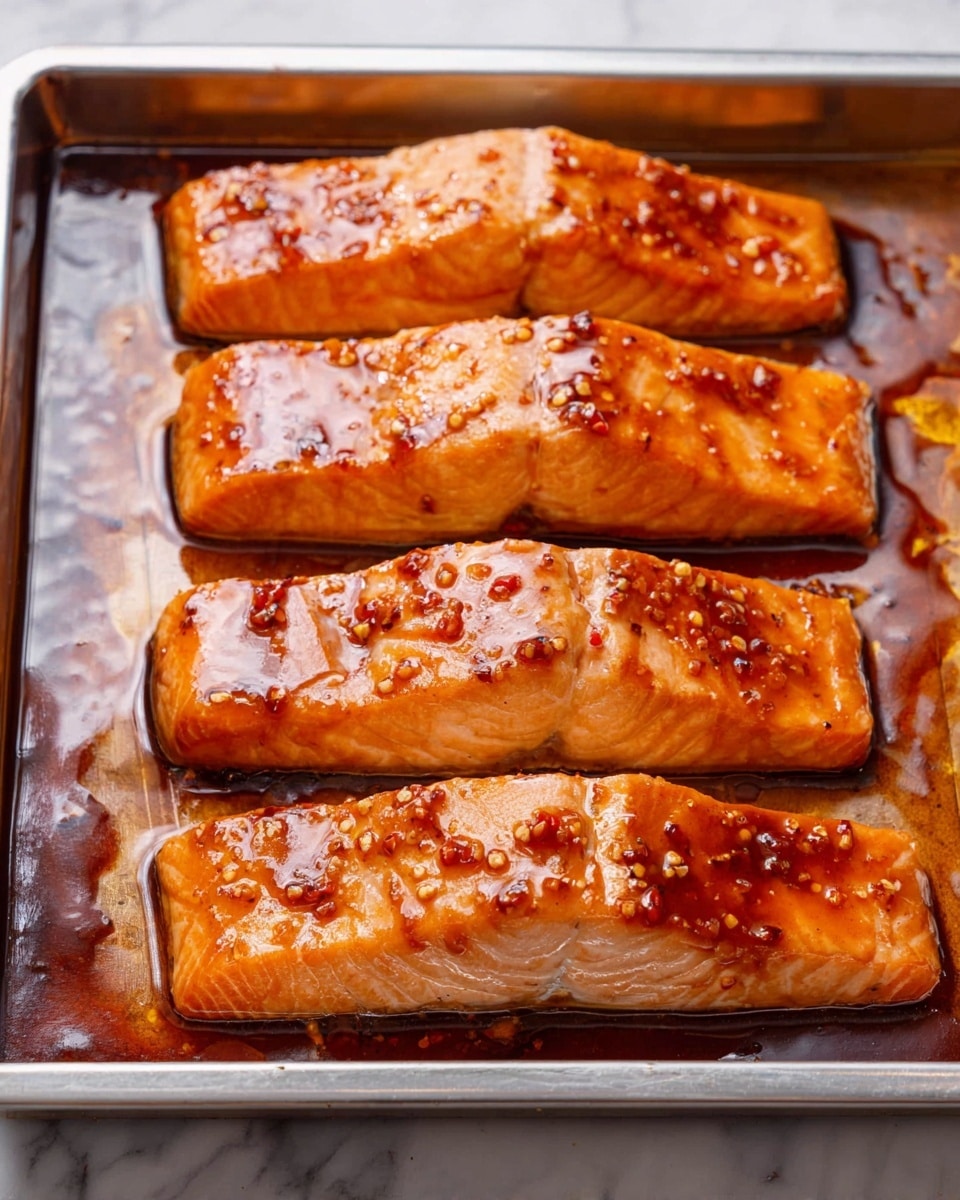 Four thick salmon fillets with a shiny, sticky orange-brown glaze cover a metal baking tray. Each fillet is placed side by side in a single row, with the glaze showing small bits of spices and slightly caramelized areas. The salmon's texture looks soft, with crispy edges slightly darker than the rest of the fish. The tray has some cooked sauce pooled around the fillets, adding a glossy look to the scene. The background features a white marbled texture. photo taken with an iphone --ar 4:5 --v 7