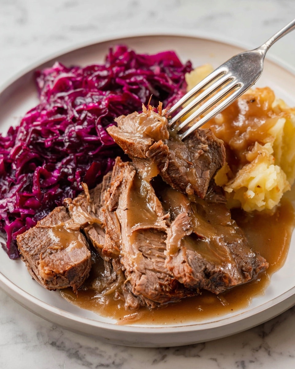 A white plate with three layers: the first layer is shredded cooked red cabbage on the left side, dark purple with a slightly wet texture; the second layer is thickly sliced beef on the right side, showing a mix of brown cooked outer parts and pinkish inner parts with a tender texture; the third layer is smooth brown gravy poured over the beef slices, giving a shiny, moist look. A fork is holding one piece of beef from the top middle. The plate is on a white marbled surface. photo taken with an iphone --ar 4:5 --v 7