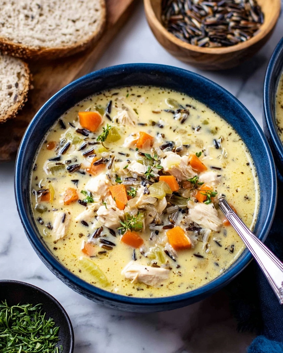 A deep blue bowl filled with creamy chicken and wild rice soup, showing a rich mixture of creamy light yellow broth, chunks of white chicken, orange carrot pieces, green celery, and dark wild rice grains. A silver spoon is partially immersed in the soup on the right side of the bowl. The bowl sits on a white marbled surface, accompanied by two slices of white bread to the left, a small wooden bowl with wild rice below, and a black bowl with finely chopped green herbs in the background. photo taken with an iphone --ar 4:5 --v 7