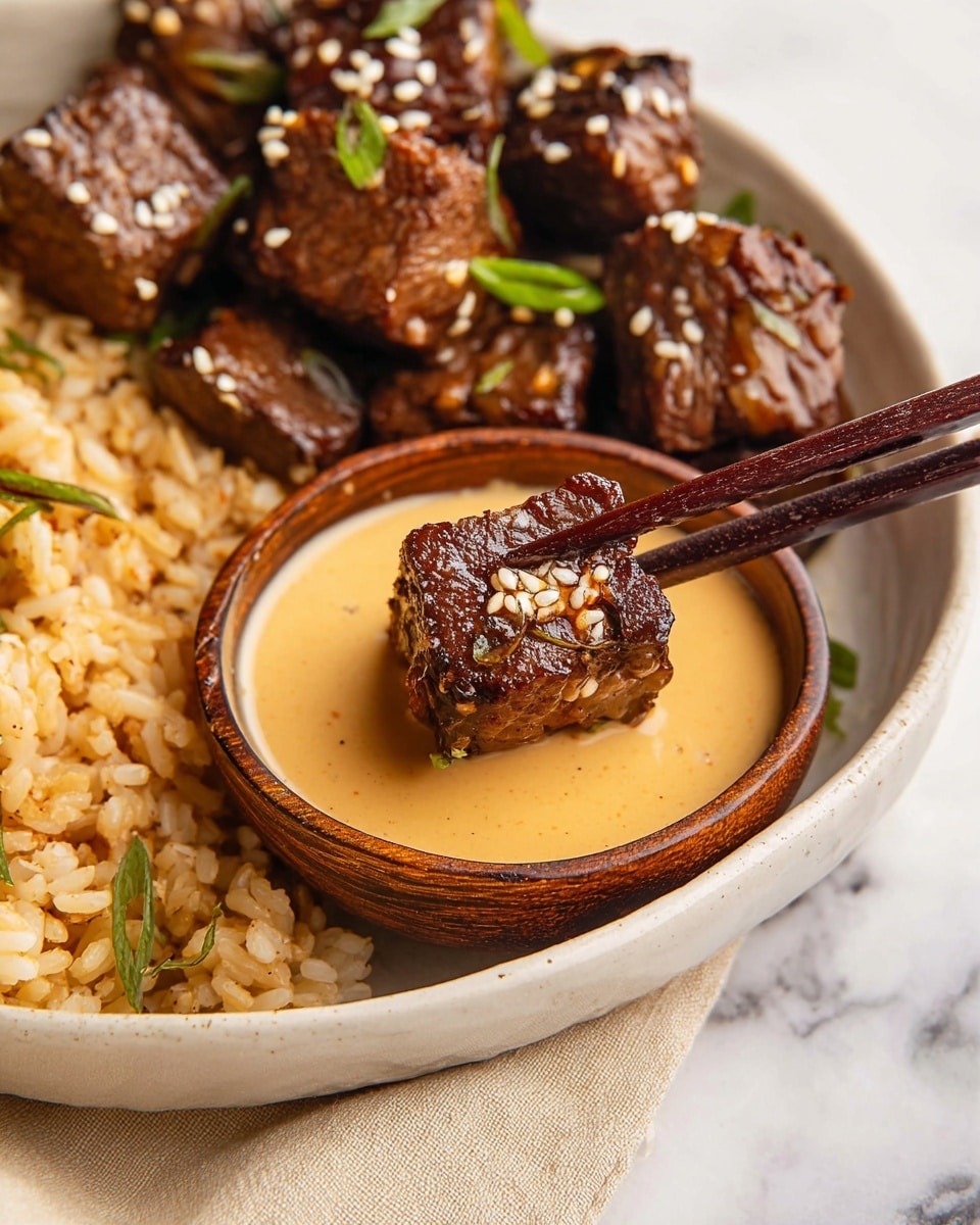 A close-up of a white bowl with three sections: the top right has dark brown grilled beef cubes sprinkled with white sesame seeds and small green herb pieces, the bottom left contains light brown fried rice with tiny green vegetable bits, and the center holds a small wooden bowl filled with thick light beige sauce. A pair of dark brown wooden chopsticks is holding one beef cube dipped in the sauce in the wooden bowl. The bowl sits on a white marbled surface with a beige cloth partially visible under the bowl edge photo taken with an iphone --ar 4:5 --v 7