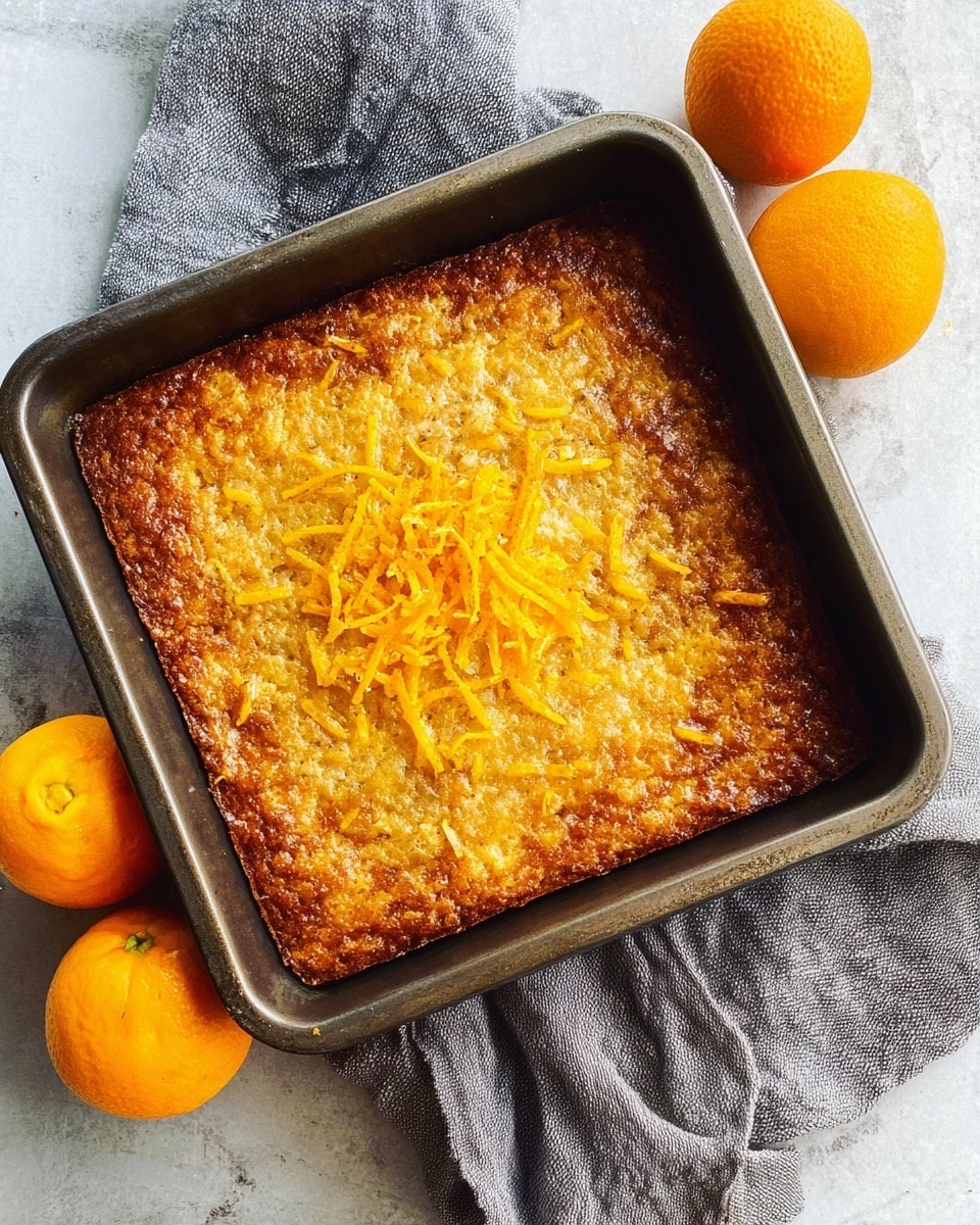 A golden brown baked dessert with a slightly rough texture fills a square dark baking pan, with bright orange peel shreds scattered on the top layer. The baked surface looks crispy around the edges and softer towards the center. The pan sits on a white marbled surface next to a gray cloth and three whole bright orange fruits, adding a fresh, vibrant feel to the scene. Photo taken with an iphone --ar 4:5 --v 7