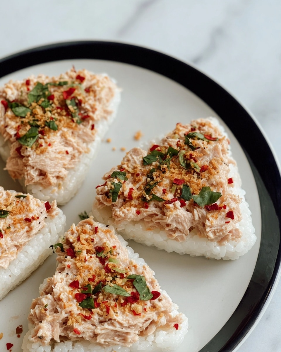 The image shows three triangular-shaped white rice cakes on a white plate with a black rim, each topped with a creamy, light pink spread that has small chunks, likely tuna or salmon. The spread is sprinkled with red chili flakes, green herb leaves, and small golden crunchy bits, adding texture and color contrast. The rice cakes have a shiny, sticky texture that forms the base layer, while the spread is thickly spread on top, covering each piece fully. The background surface is white with a soft marbled pattern. photo taken with an iphone --ar 4:5 --v 7