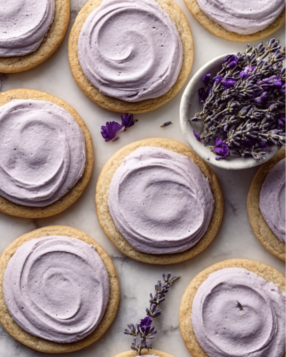 The image shows several round cookies arranged in a close pattern on a white marbled surface. Each cookie has a base layer of light golden brown dough and is topped with a thick, smooth layer of pale lavender frosting, spread in gentle swirls. The frosting appears creamy and slightly glossy. On the right side, there is a small white bowl filled with a bunch of purple lavender flowers, with a few loose flowers scattered nearby. The overall colors are soft purples, light brown, and white, creating a delicate and calming look. Photo taken with an iphone --ar 4:5 --v 7