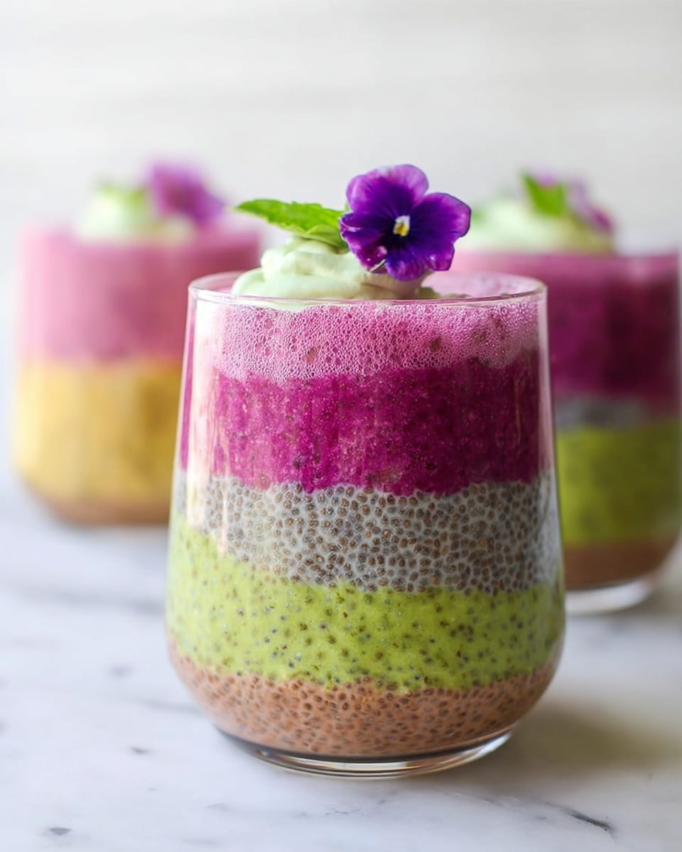The image shows a clear glass filled with five distinct, colorful layers of chia pudding. Starting from the bottom, the first layer is light brown with visible tiny chia seeds, followed by a muted green layer. Above that is a bright magenta layer, then a pale greenish-yellow layer with chia seeds. The top layer is a deeper magenta, slightly frothy, and decorated with a small dollop of light green cream and a purple flower with green leaves. The glass is placed on a white marbled surface with another similar glass blurred in the background. photo taken with an iphone --ar 4:5 --v 7