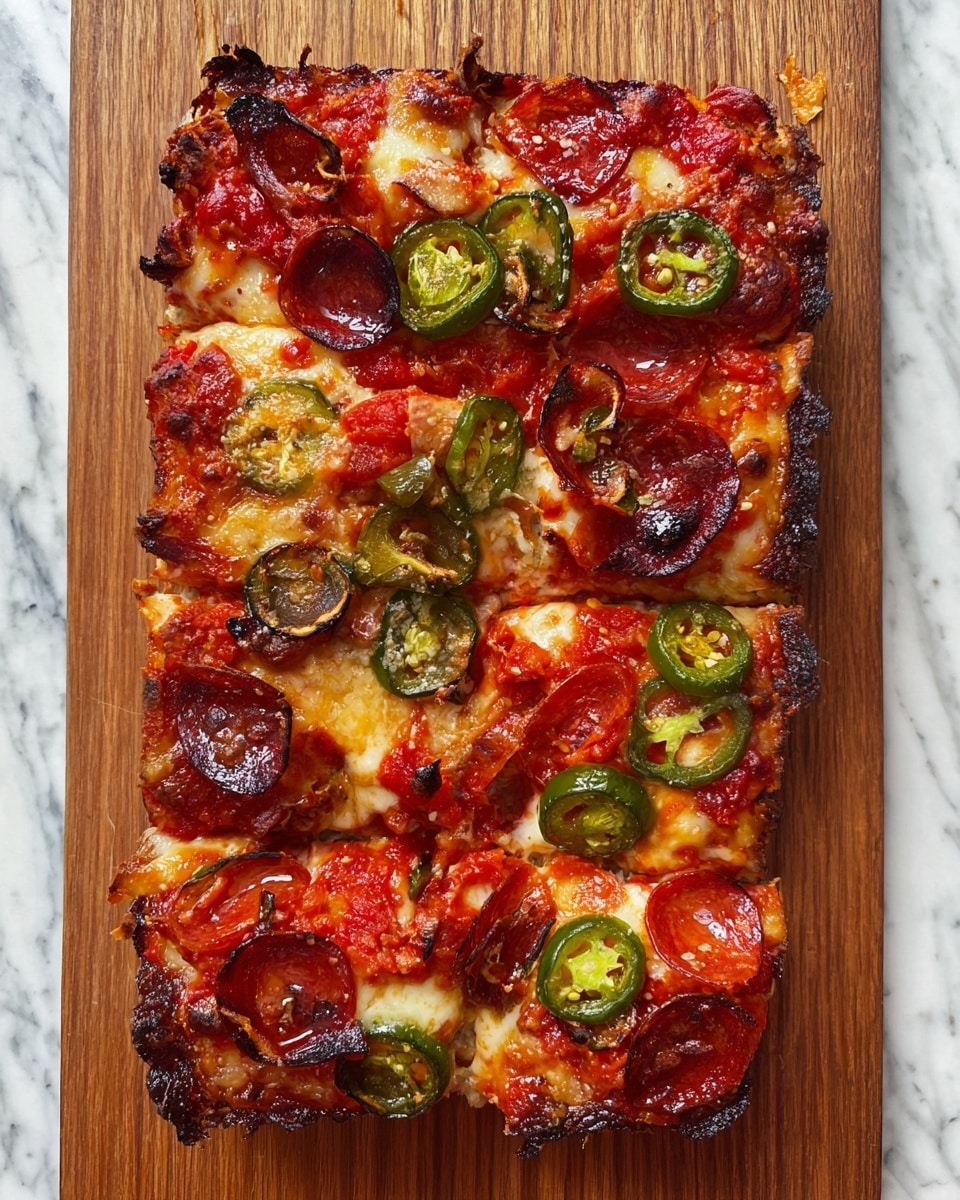 A rectangular pizza is shown from above on a wooden board with a white marbled surface underneath. The pizza has a thick layer of melted, slightly browned cheese with patches of rich red tomato sauce peeking through. On top, there are many slices of pepperoni that are dark red with some edges crisped to a deep brown. Several slices of green jalapeño peppers are scattered over the pizza, some slightly charred and glossy. The overall texture looks gooey and crispy at the edges, creating a colorful and inviting appearance. photo taken with an iphone --ar 4:5 --v 7