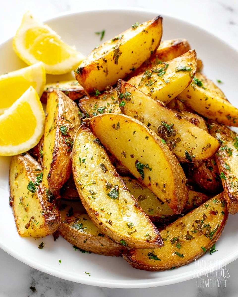 A white plate filled with golden roasted potato wedges stacked in a loose pile, each wedge showing a slightly crisp, brown-edged texture with scattered green herb flakes on top. On the left side of the plate, there are two lemon halves with bright yellow flesh, adding a fresh contrast to the golden potatoes. The whole scene is set against a white marbled texture surface. photo taken with an iphone --ar 4:5 --v 7