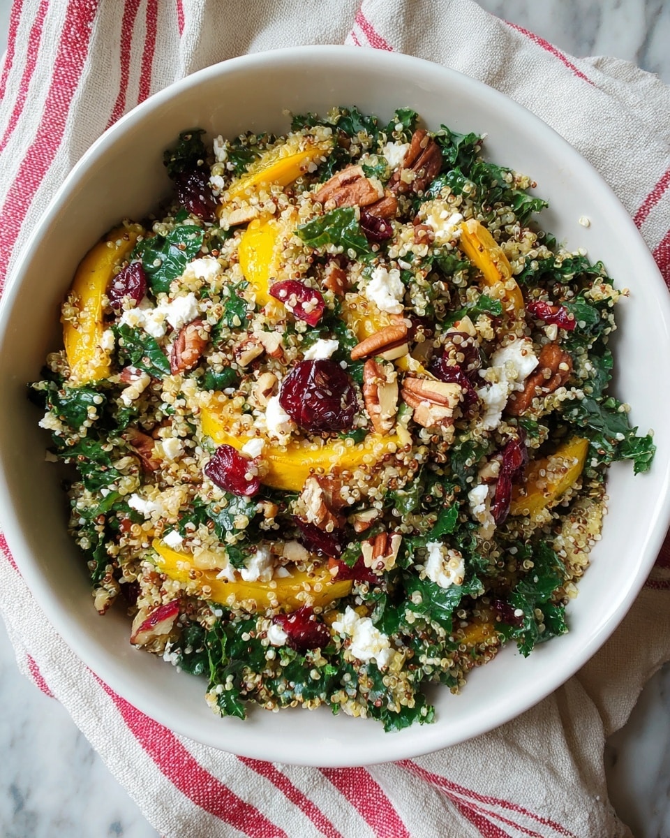 A white bowl filled with a colorful quinoa salad sits on a cloth with red stripes over a white marbled texture. The salad has at least five visible layers: the base is light beige quinoa grains, mixed throughout with dark green wilted kale leaves, bright yellow slices of roasted squash, scattered deep red dried cranberries, and crumbled white cheese. Small pieces of brown pecans add texture on top. The ingredients are mixed evenly, creating a vibrant and fresh look. photo taken with an iphone --ar 4:5 --v 7