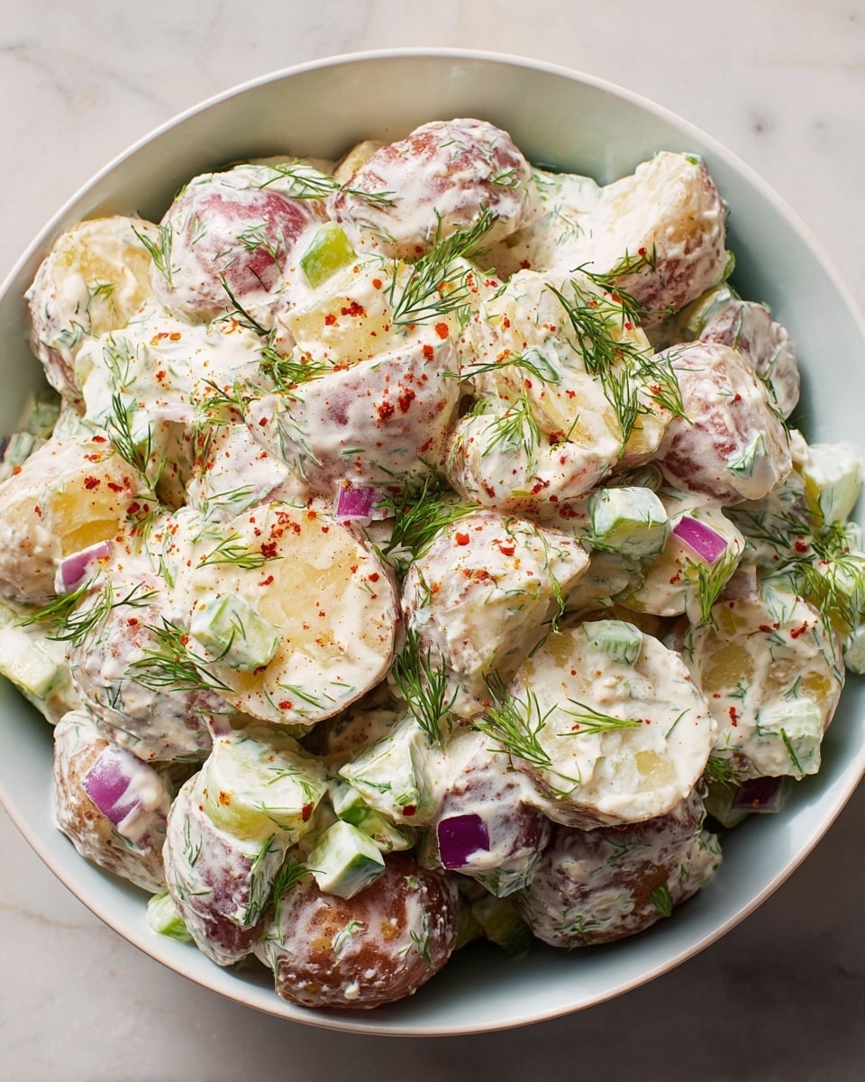 A white bowl filled with a creamy potato salad showing about two layers of halved small red potatoes. The potatoes are coated in a thick white dressing mixed with small bits of green cucumber and purple onion cubes. The dish is topped with sprigs of fresh green dill and a light sprinkle of red paprika, giving small pops of color. The bowl sits on a white marbled surface. photo taken with an iphone --ar 4:5 --v 7