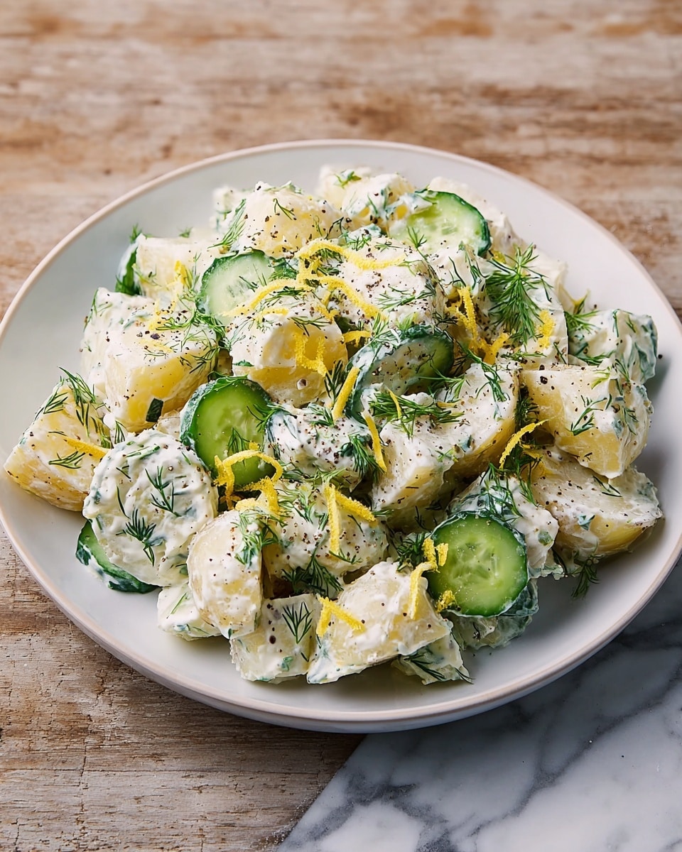 A white plate holds a potato salad made of thick, pale yellow potato chunks covered in a creamy white dressing speckled with green herbs. Bright green cucumber slices and small sprigs of fresh dill are spread evenly on top. Thin, pale yellow strips of lemon peel are scattered across the dish, adding color contrast. The salad is sprinkled with black pepper, visible as small dark specks throughout. The plate sits on a surface with a white marbled texture. photo taken with an iphone --ar 4:5 --v 7