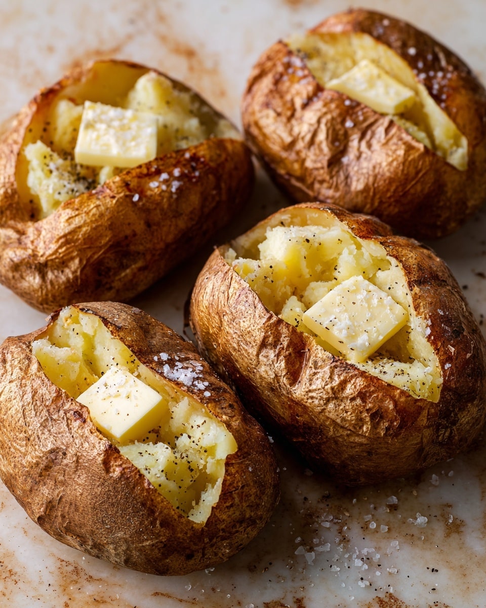 The image shows four baked potatoes with rough brown skin, each cut open to reveal soft, fluffy yellowish insides. On top of the potato filling, there is a square piece of melting pale yellow butter sprinkled with cracking black pepper and coarse white salt flakes scattered on the skin. The potatoes are placed closely together on a white marbled textured surface, showing a warm and cozy look. photo taken with an iphone --ar 4:5 --v 7