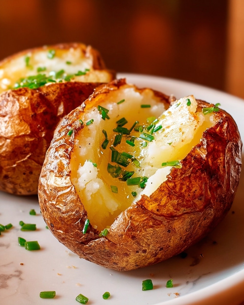 The image shows two baked potatoes with crispy brown skins, split open on top to reveal soft, fluffy white potato inside. Each potato is filled with a golden melted butter layer and topped with small, bright green chopped chives. The potatoes rest on a white plate placed on a white marbled surface with blurred warm brown tones in the background. The texture of the potato skin is rough and slightly oily, while the inside looks smooth and creamy, creating a warm and inviting appearance. Photo taken with an iphone --ar 4:5 --v 7