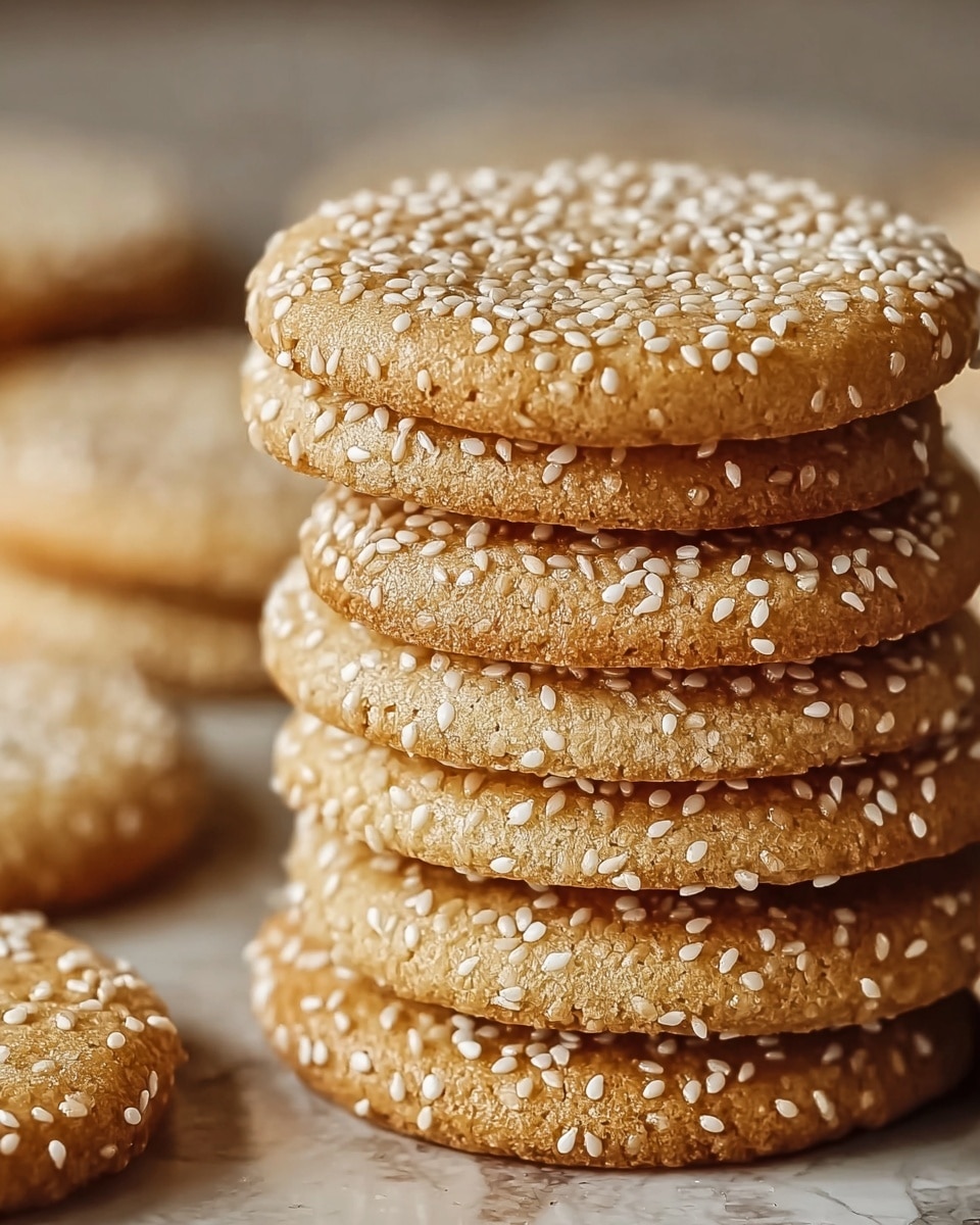 A stack of seven round cookies with a golden brown color, each sprinkled generously with small white sesame seeds on top. The cookies have a slightly cracked texture around the edges, showing a crisp and crunchy surface. The background shows more cookies slightly out of focus on a white marbled textured surface, creating a warm and cozy feel. photo taken with an iphone --ar 4:5 --v 7