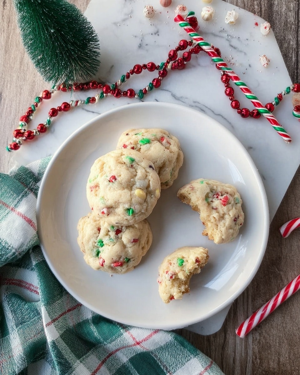 The image shows a white plate holding four cookies with a light beige color and small red and green candy pieces mixed inside. Three whole cookies lie near the center and one broken cookie with a bite taken out sits at the bottom edge. The plate is placed on a wooden table with a white marbled texture. In the top left corner, there is a small green pine decoration. A green and white checked cloth is spread on the right-hand side, next to a string of red beads and a candy cane with red, white, and green stripes lying on the table. Photo taken with an iphone --ar 4:5 --v 7