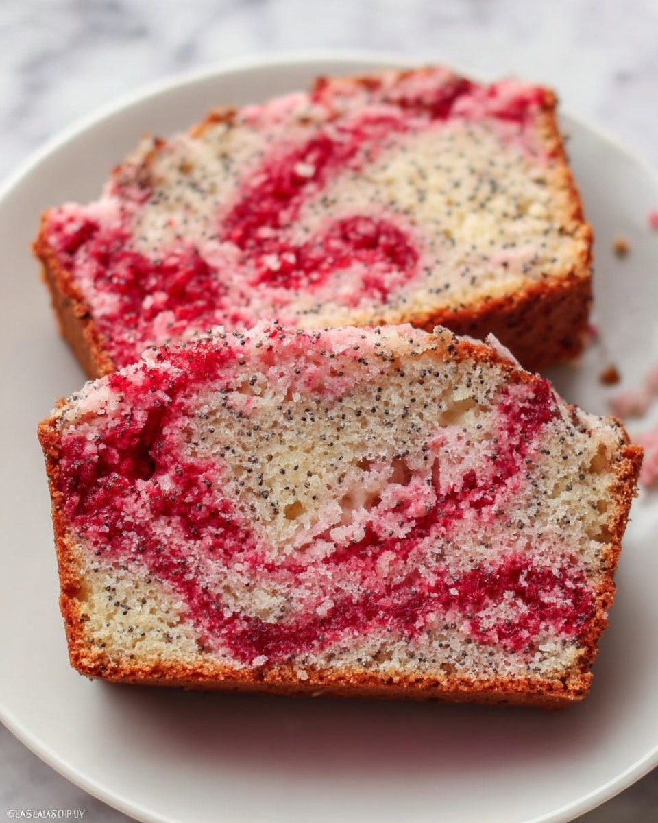 Two slices of pink poppy seed cake with bright red berry swirls inside are placed side by side on a white plate. The cake texture looks soft and moist with small black poppy seeds spread evenly throughout. The edges are light brown and slightly crumbly, contrasting with the pale pink interior. A white marbled surface is visible underneath the plate. photo taken with an iphone --ar 4:5 --v 7