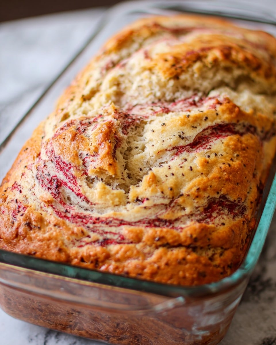 A close-up of a freshly baked loaf of bread in a clear glass rectangular dish, showing a golden-brown crust with swirled bright red and white mixed into the top, creating a marbled effect. The bread's texture looks soft and slightly crumbly with visible small dark seeds scattered throughout. The loaf fills the dish fully and the surface is slightly cracked under the swirls. The background is a white marbled texture. Photo taken with an iphone --ar 4:5 --v 7