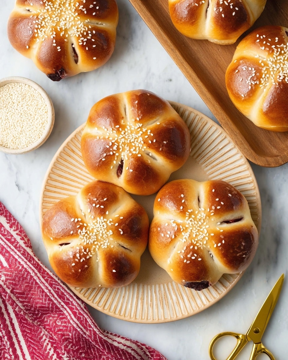 The image shows six flower-shaped bread rolls with a golden-brown shiny crust and white sesame seeds sprinkled in the center of each. Each roll has six rounded segments that slightly pull apart, revealing a dark filling inside. Four rolls are on a round beige ridged plate, and two rolls are on a wooden tray in the top right. One roll is placed directly on the white marbled surface. There is a small bowl of white sesame seeds on the left and a red cloth with white stripes partially under the plate. A pair of golden scissors is visible in the bottom right corner. Photo taken with an iphone --ar 4:5 --v 7