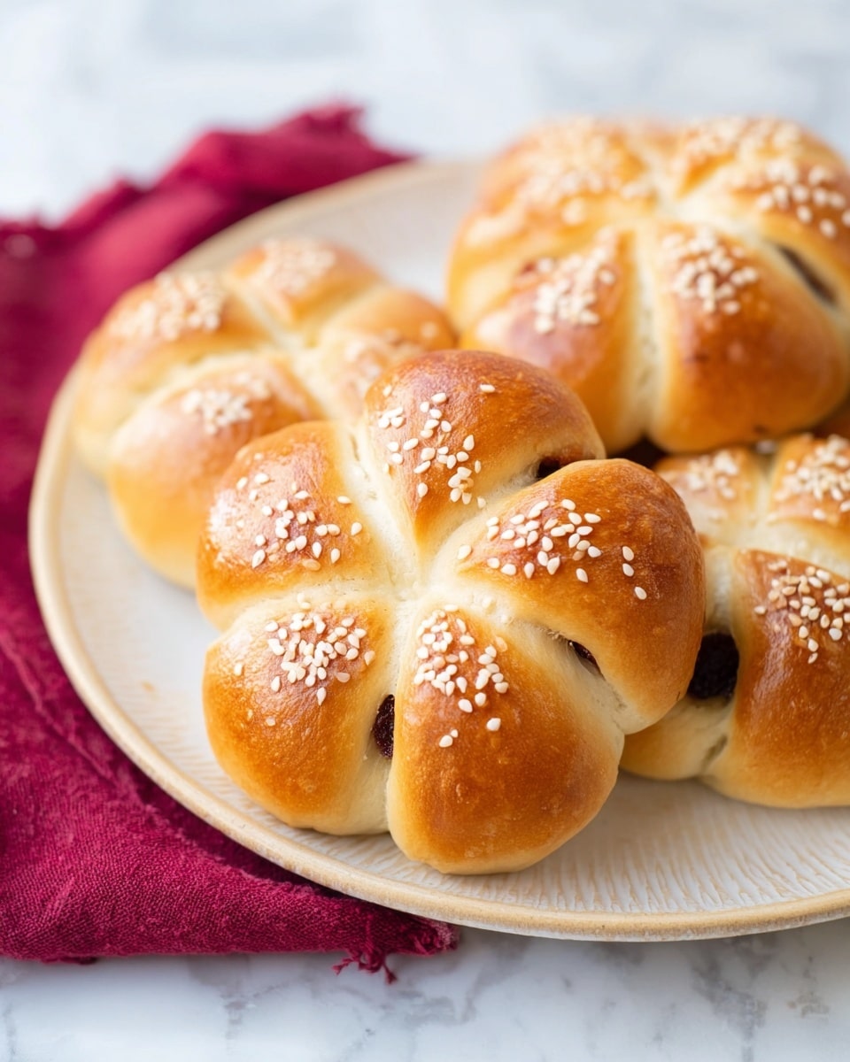 The image shows round flower-shaped bread rolls with a glossy golden-brown crust and sprinkled white sesame seeds on top. Each roll has six petal-like sections that are slightly puffed and show a dark filling peeking through the slits between the petals, giving a layered look. The rolls sit closely on a white plate with a subtle textured rim, placed on a white marbled surface. A soft, red cloth lies partially under the plate, adding a cozy touch. Photo taken with an iphone --ar 4:5 --v 7