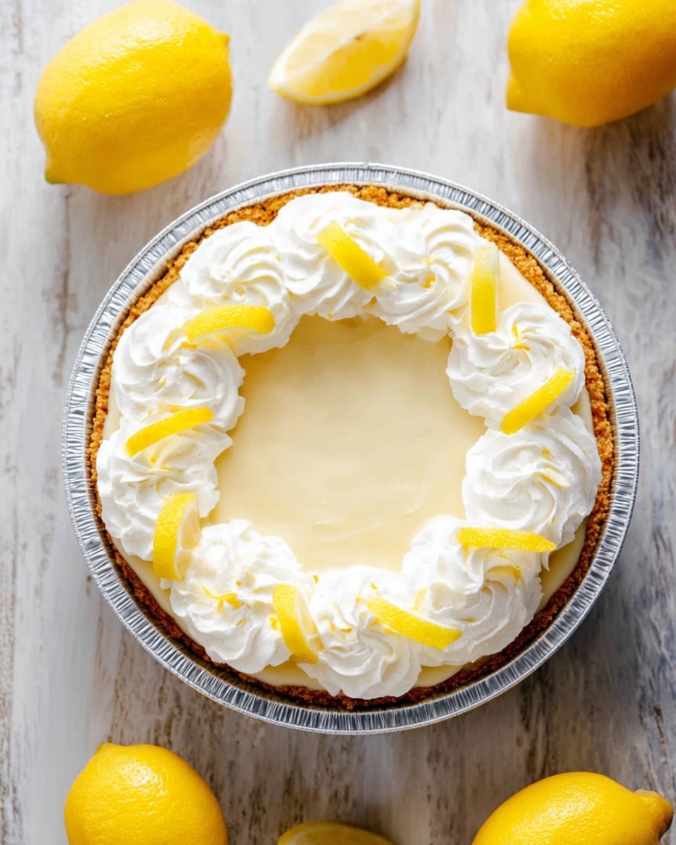 A slice of lemon cream pie on a white plate, showing three distinct layers: a bottom layer of golden brown crumbly crust, a thick middle layer of smooth white cream filling, and two dollops of white whipped cream on top, each with a small, bright yellow lemon wedge placed between them. The slice is set on a white marbled texture surface with two whole yellow lemons blurred in the background and the rest of the pie also slightly visible. photo taken with an iphone --ar 4:5 --v 7