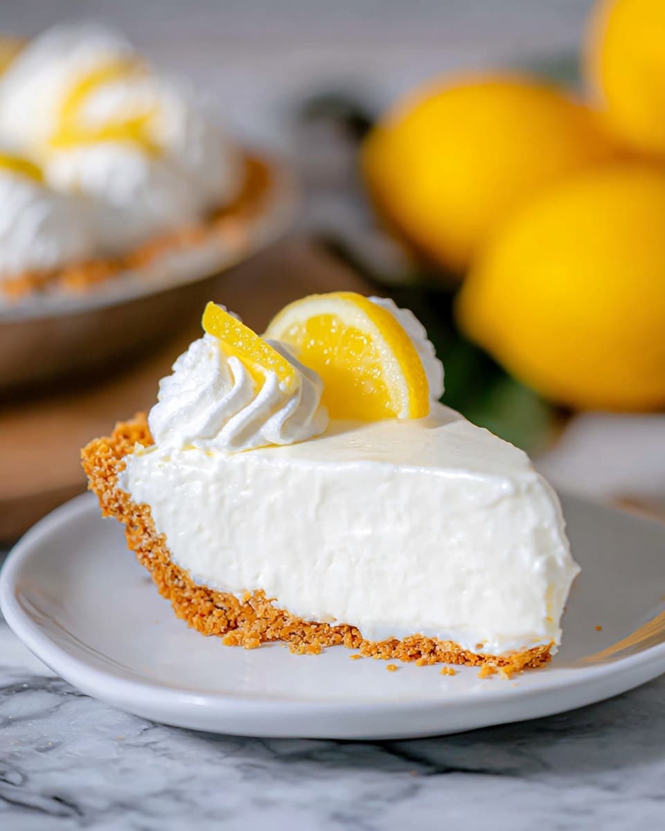A round lemon pie in a silver foil pan sits on a white marbled surface with three whole lemons around it. The pie has a golden-brown crust base with a smooth, pale yellow lemon filling layer. On top, there is a ring of white whipped cream swirls evenly spaced, each topped with a thin, bright yellow lemon peel slice. The center of the pie is plain, showing the smooth texture of the lemon filling. The photo taken with an iphone --ar 4:5 --v 7