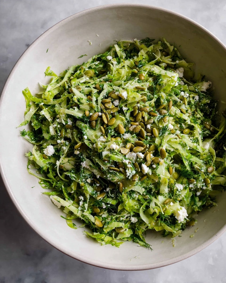 A close-up top view of a white bowl filled with a green salad made of thinly sliced leafy vegetables mixed with small white cheese pieces scattered throughout. The salad is topped with a mix of green pumpkin seeds and finely chopped herbs, giving it a mix of light and dark green colors with some creamy white spots. The texture looks fresh and slightly crunchy with a light dressing coating the greens. The bowl sits on a white marbled surface. photo taken with an iphone --ar 4:5 --v 7