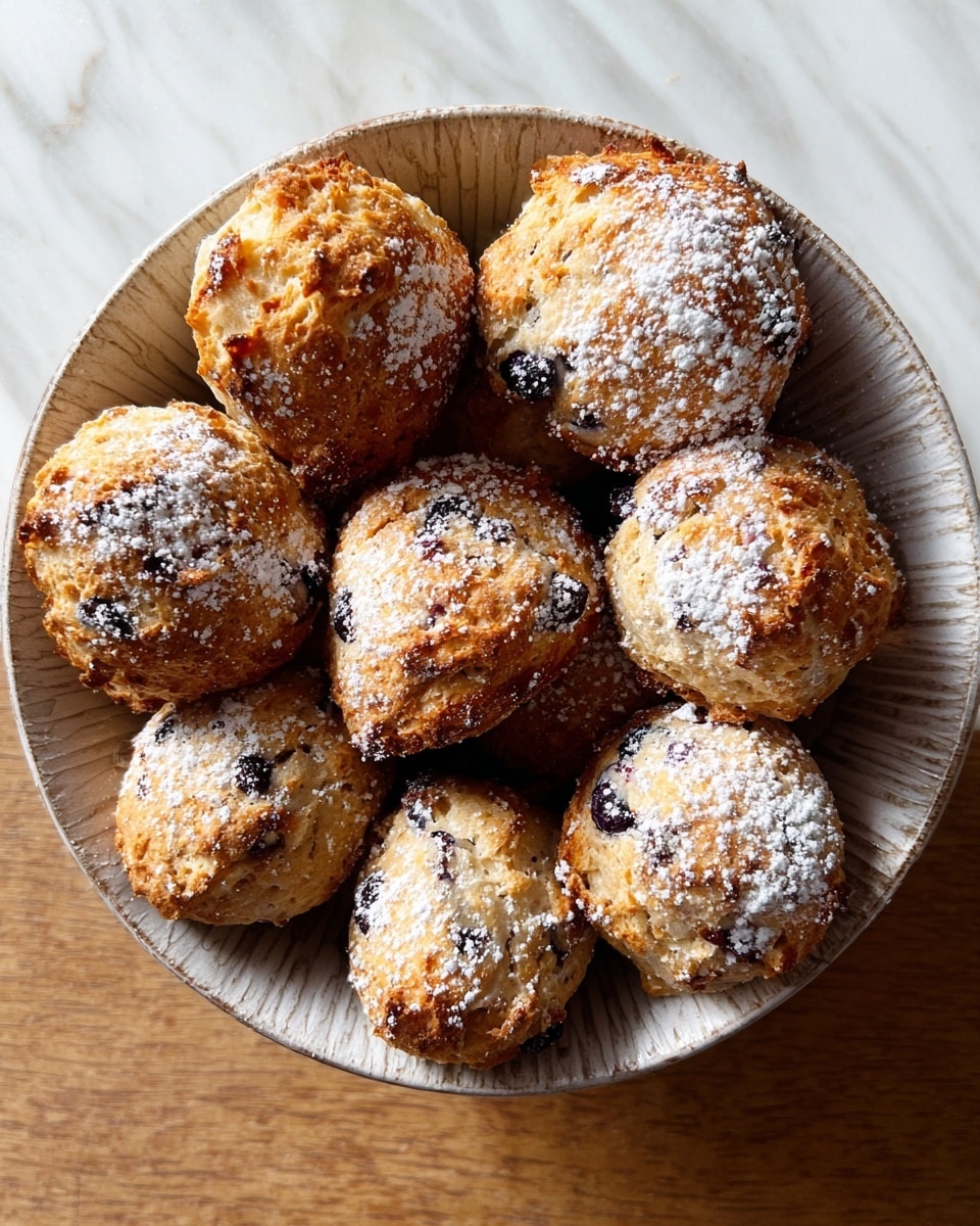 A round white bowl filled with eight golden-brown scones that have a rough, crumbly texture, each dusted with a light layer of powdered sugar. Some scones show dark blueberry spots peeking through the crust, adding a deep purple contrast. The bowl sits on a white marbled surface, emphasizing the warm color of the scones. photo taken with an iphone --ar 4:5 --v 7