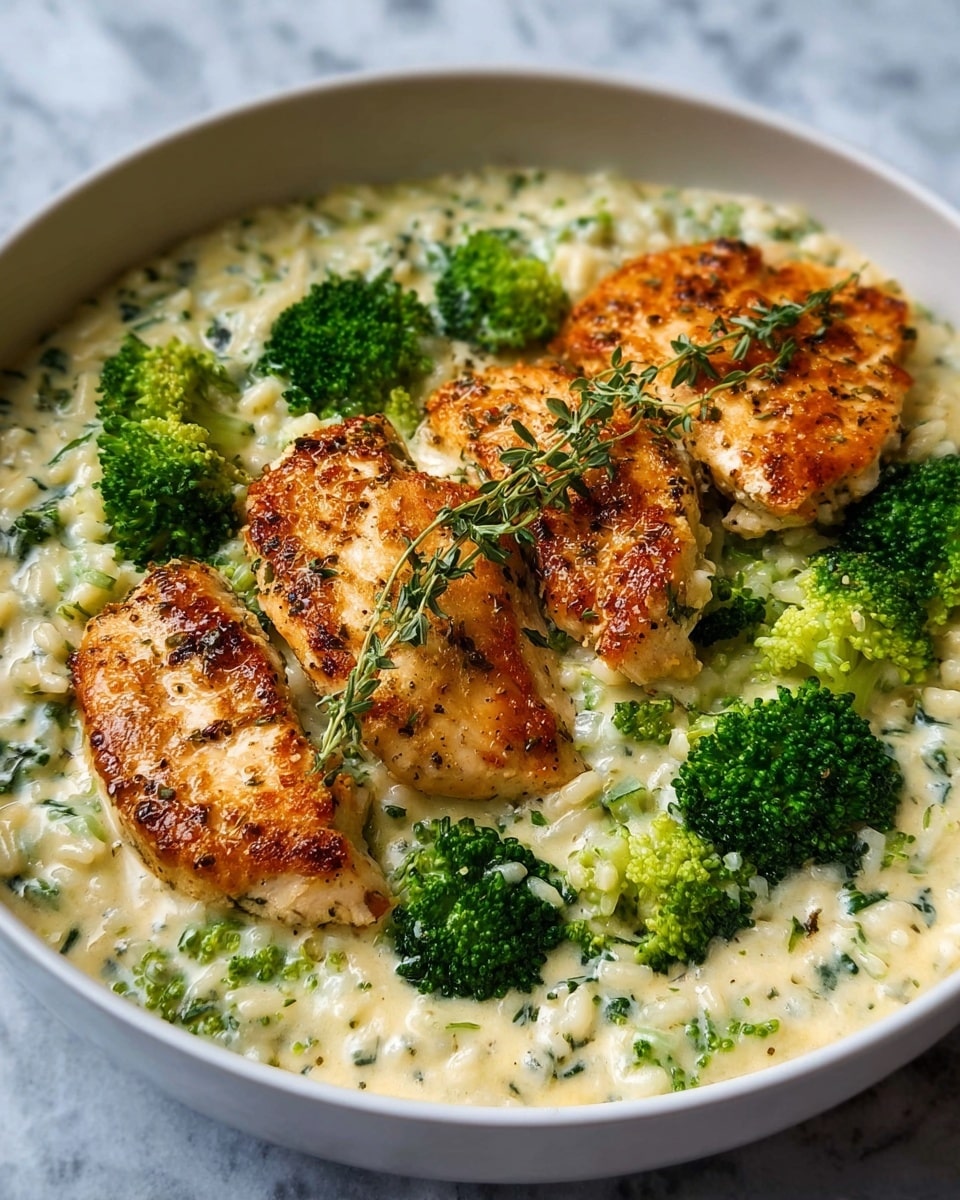 A white bowl holds a creamy risotto base with a soft, thick texture speckled with green herbs and small rice grains. Floating in the risotto are bright green broccoli florets arranged evenly around the dish. On top of the risotto, there are four pieces of golden-brown, seared chicken breast with a slightly crispy texture. The chicken pieces are placed close together in the middle of the bowl, garnished with sprigs of fresh green thyme. The overall look is warm and inviting, set against a soft-focus white marbled background. photo taken with an iphone --ar 4:5 --v 7