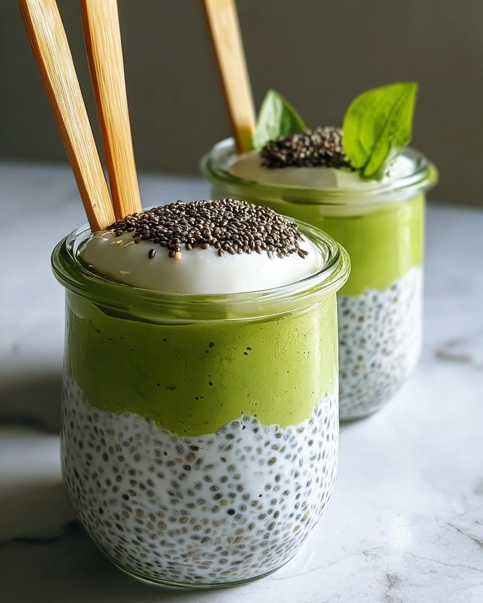 The image shows three clear glass jars filled with three visible layers. The bottom layer is white with small black chia seeds throughout, the middle layer is thick and green with a smooth texture, and the top layer is white and fluffy whipped cream. The whipped cream is decorated with small pieces of green dried seaweed and sprinkled with black chia seeds. A wooden spoon is stuck into the whipped cream of the front jar. The jars sit on a white marbled surface with a blurred background and green leaves on the left side. photo taken with an iphone --ar 4:5 --v 7