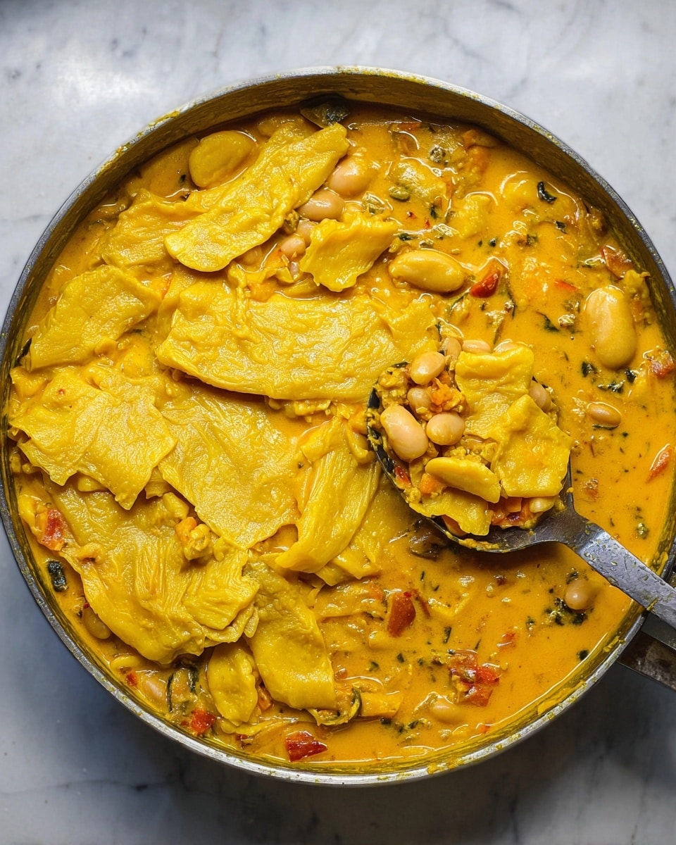 The image shows a large pan filled with a thick, yellow stew that has multiple layers and textures. The base layer is a creamy, orange-yellow sauce with visible chunks of white beans and small pieces of red and green vegetables scattered throughout. On top of this sauce are several large pieces of soft, wrinkled yellow tofu skin, folded and layered unevenly across the pan. There are also various small, smooth, yellowish dumplings or gnocchi-like pieces mixed in, adding a different texture. A spoon is partially submerged in the stew on the right side, lifting some of the tofu skin and beans. The pan sits on a white marbled surface. Photo taken with an iphone --ar 4:5 --v 7