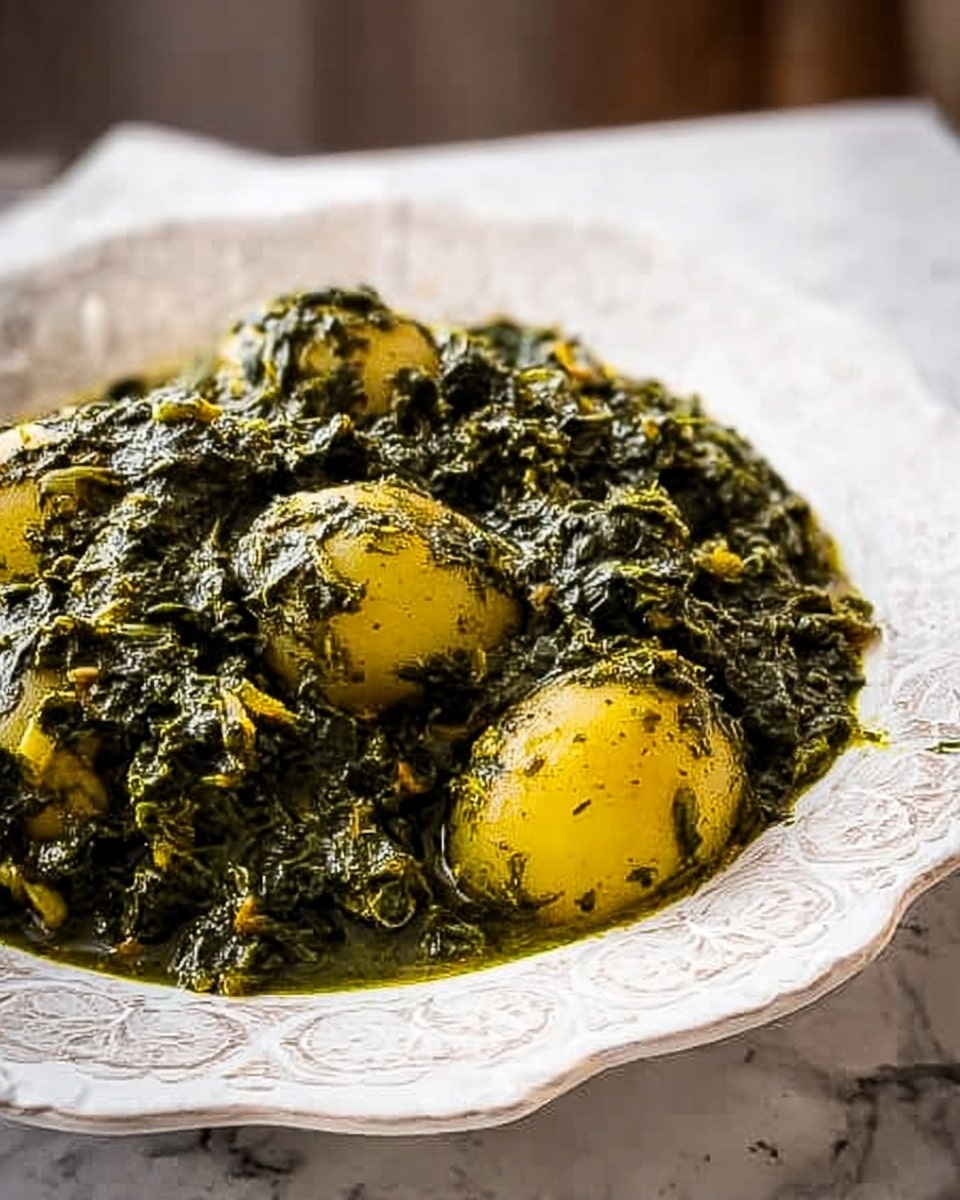 A white ornate plate holds a thick, dark green stew with a rough texture made mostly of chopped leafy greens. Inside the stew, there are several large, round, smooth pieces of yellow potatoes partially covered by the green sauce. The plate is placed on a white marbled surface, and the scene has soft, natural lighting that highlights the leafy details and the potatoes' smoothness. photo taken with an iphone --ar 4:5 --v 7