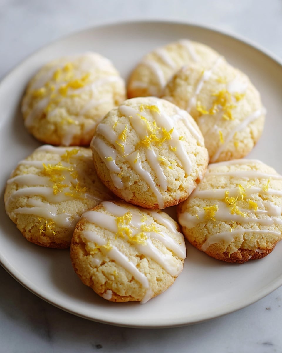 The image shows a white plate with six round lemon cookies arranged in a close group. Each cookie has a rough, slightly cracked light golden texture with a browned base. They are topped with thin, white icing drizzles and small bits of bright yellow lemon zest scattered on top, adding a pop of color and texture. The plate sits on a white marbled surface with soft, natural light highlighting the texture of the cookies. photo taken with an iphone --ar 4:5 --v 7