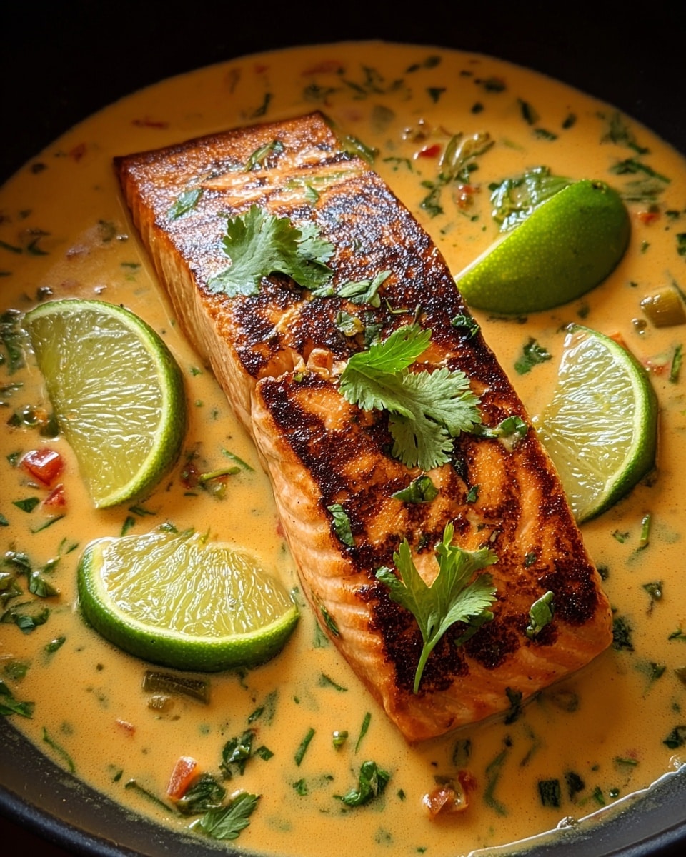 The image shows two thick, grilled salmon fillets with visible char marks, resting in a creamy, light orange sauce with bits of herbs floating in it. The salmon pieces are topped with fresh green cilantro leaves, adding a pop of color. Around the salmon are three lime slices placed on the sauce, two on the right side and one on the left, enhancing the presentation. The dish is served in a round black bowl, contrasting with the white marbled texture underneath. The sauce has a smooth, rich texture with small flecks of red and green herbs. Photo taken with an iphone --ar 4:5 --v 7