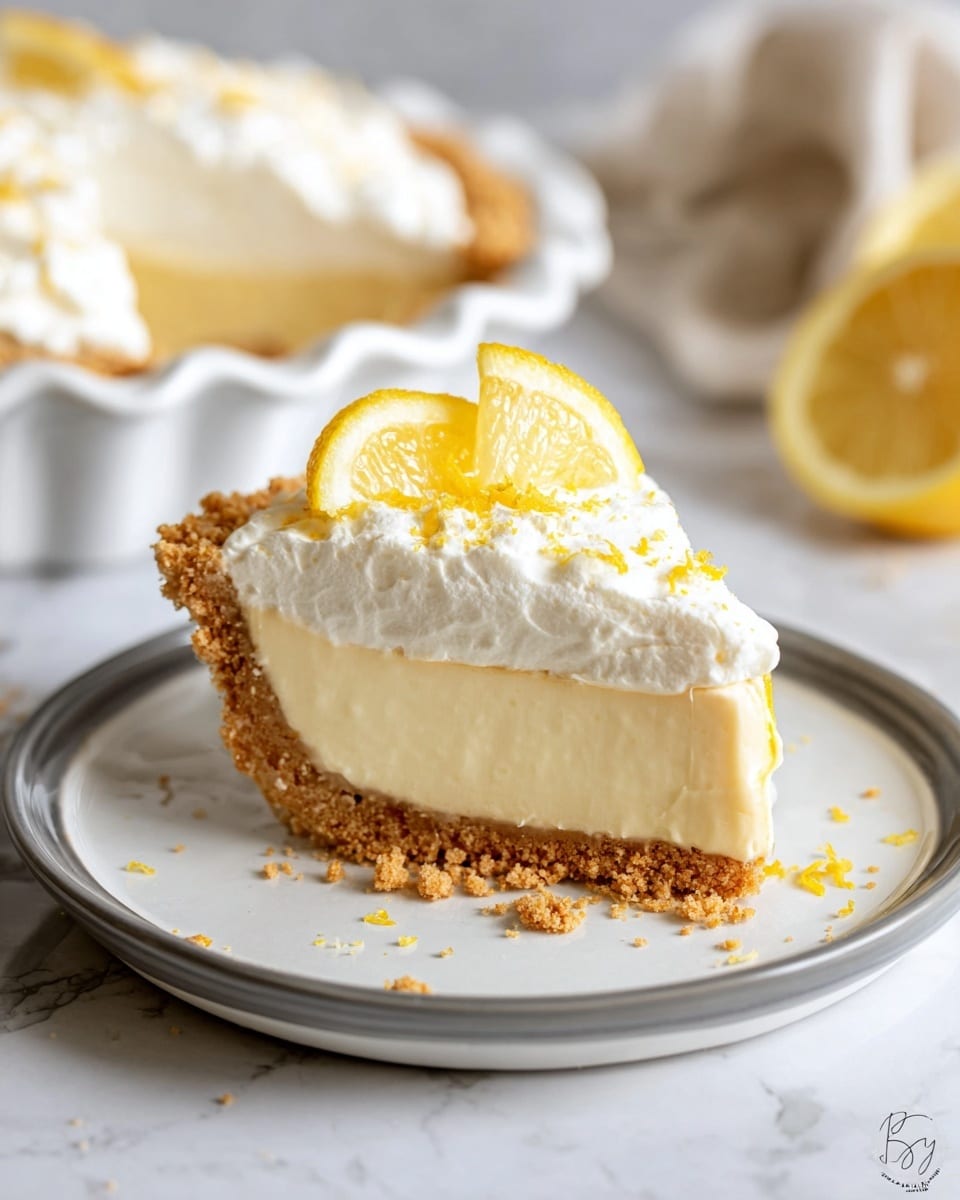 A slice of lemon cream pie with three distinct layers sits on a white plate with a thin gray rim against a white marbled texture background; the bottom layer is a golden brown crumbly crust, the middle layer is a smooth pale yellow lemon cream filling, and the top layer is a thick, fluffy white whipped cream garnished with two small lemon wedges and a sprinkle of lemon zest, with a few crumbs scattered around the slice; behind the plate, part of the whole pie is visible in a white fluted pie dish. photo taken with an iphone --ar 4:5 --v 7