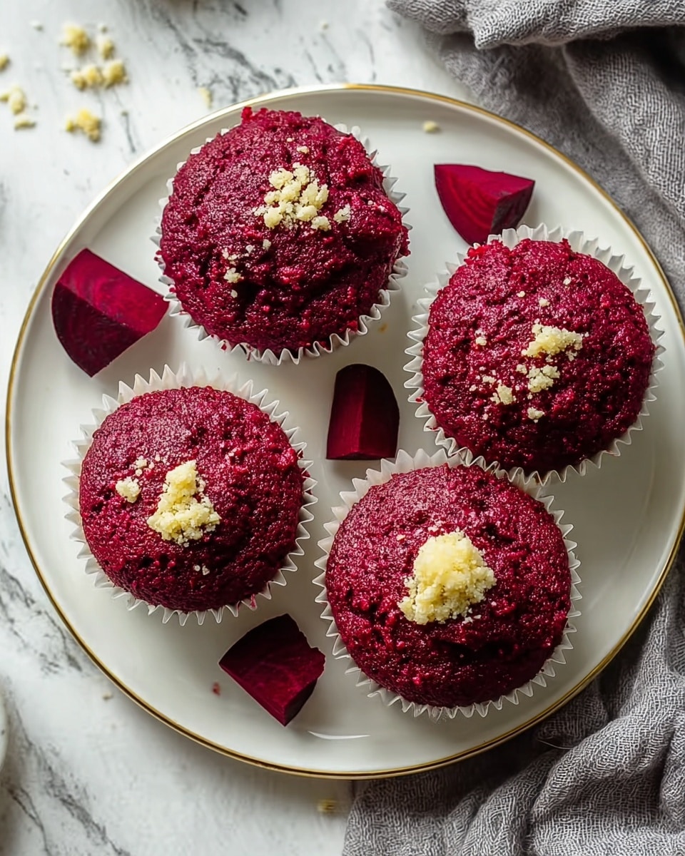 Five deep red beetroot cupcakes with a rough textured top are arranged on a round white plate with a thin golden rim. Each cupcake has a white paper liner and some are topped with small crumbles of a pale yellow topping, while one cupcake has a small piece of beetroot on top. Two small beetroot pieces are placed on the plate between the cupcakes. The plate is set on a white marbled surface with a gray cloth partially visible on the bottom right. Photo taken with an iphone --ar 4:5 --v 7