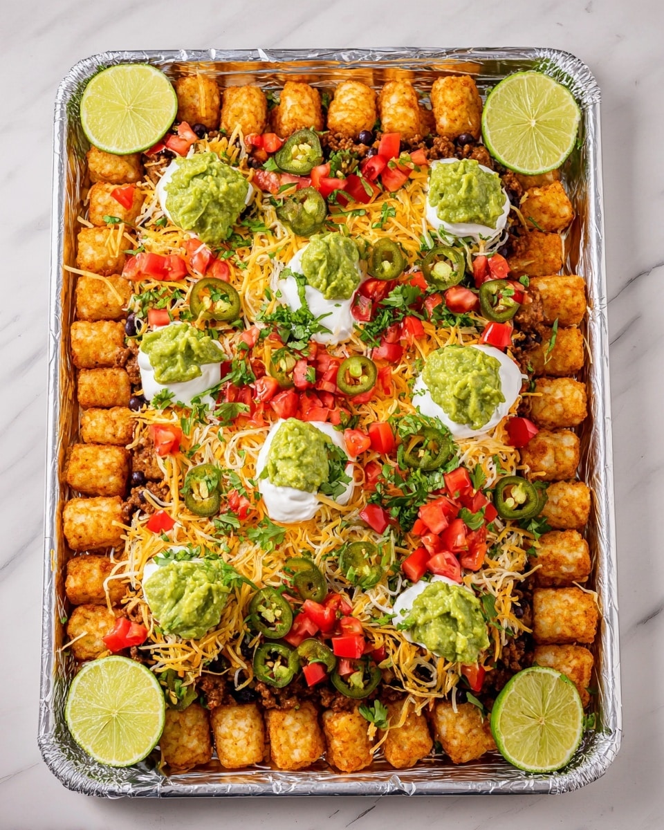 The image shows a large baking tray covered with foil filled with a layered dish. The base layer is made up of golden brown tater tots neatly crowded around the edges and filling the bottom. The next layer consists of cooked ground meat mixed with black beans spread evenly over the tater tots. On top, there are small chopped bright red tomato cubes and thinly sliced green jalapeño rings scattered all over. Several dollops of green guacamole and white sour cream are placed evenly across the dish, each topped with bits of chopped fresh green herbs. Shredded yellow cheddar cheese is lightly sprinkled across the whole dish. Four lime wedges sit in the corners of the tray for extra color and garnish. The tray rests on a white marbled surface. photo taken with an iphone --ar 4:5 --v 7