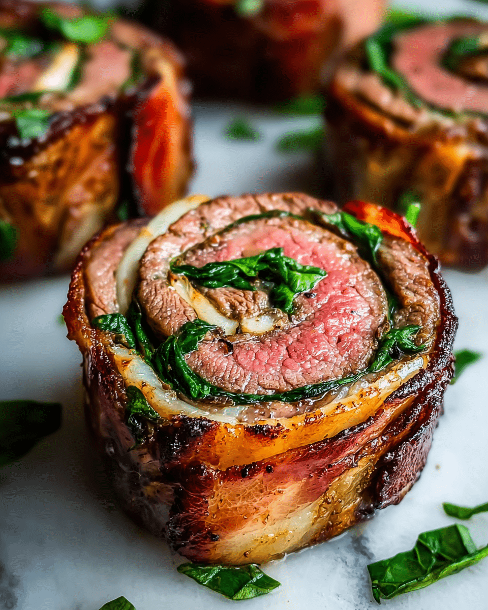 The image shows a close-up of a rolled steak pinwheel with layered sections. The outermost layer is a crispy, browned bacon strip wrapping the roll. Inside the bacon is a thick layer of grilled beef cooked medium rare, showing a pink center surrounded by a browned crust. Bright green spinach leaves are tucked between the layers, adding color and texture. The pinwheel rests on a white marbled surface, with pieces of spinach scattered around. The focus is sharp on the front pinwheel, with other pinwheels blurred in the background. Photo taken with an iphone --ar 4:5 --v 7