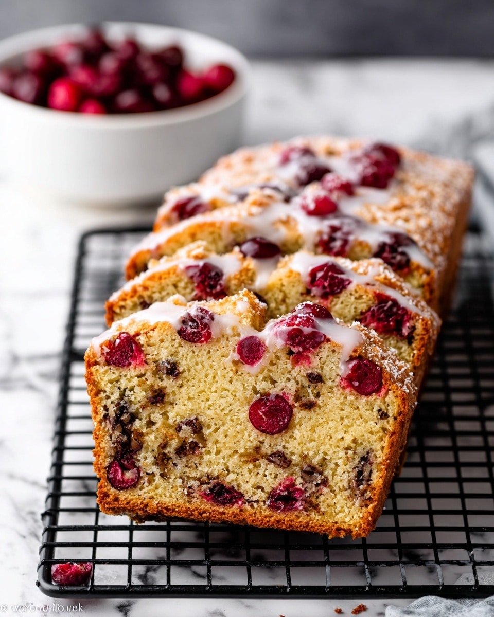 The image shows three slices of a loaf cake arranged in a row on a black cooling rack, set against a white marbled surface. Each slice features a golden-brown crumb with visible dark brown nut pieces and bright red cherries embedded inside. The top layer is generously studded with whole cherries and is sprinkled with a light crumbly texture. A white glaze is drizzled unevenly across the top surface, adding a glossy contrast to the roughness of the crumbs and cherries. In the background, there is a white bowl partially filled with cherries, out of focus, enhancing the fresh feel. photo taken with an iphone --ar 4:5 --v 7