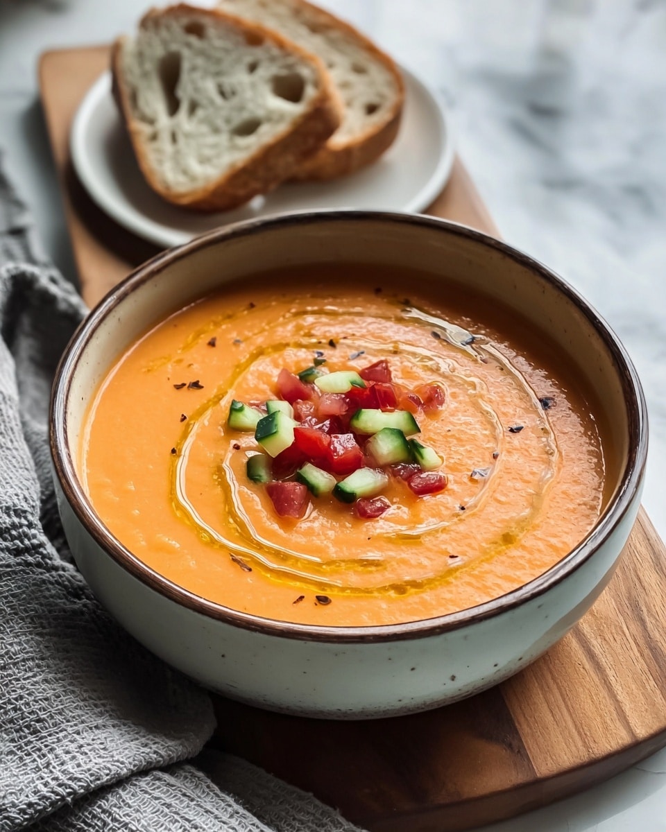 A bowl filled with smooth orange soup sits on a wooden board over a white marbled surface. The soup surface is decorated with a spiral drizzle of golden oil and small diced pieces of red tomato and green cucumber placed in the center. In the background, a white plate holds a slice of bread with large air pockets, and a gray textured cloth is softly folded nearby. Photo taken with an iphone --ar 4:5 --v 7