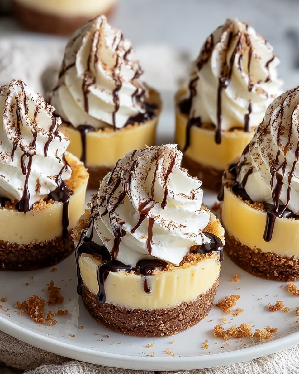 The image shows five small round desserts arranged on a white plate with a white marbled texture underneath. Each dessert has three layers: a crumbly brown base at the bottom, a smooth pale yellow middle layer, and a tall, white whipped cream swirl on top. The whipped cream is decorated with light brown powder sprinkled over it and dark chocolate sauce drizzled in thin lines from the top to the sides. Crumbs are scattered around the desserts on the plate, adding a rustic touch. The close-up view captures the texture and color contrasts clearly. photo taken with an iphone --ar 4:5 --v 7