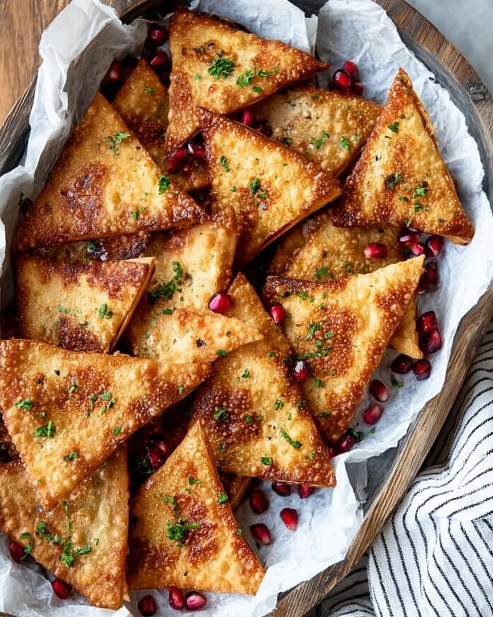 A tray lined with crumpled white parchment holds many golden brown fried triangular pieces, each with a crunchy, bubbled texture. They are sprinkled lightly with bright green chopped herbs and scattered with shiny, deep red pomegranate seeds, adding small bursts of color. The tray is placed on a wooden surface next to a white marbled texture background and a folded cloth with white and dark blue stripes visible on the right side. photo taken with an iphone --ar 4:5 --v 7