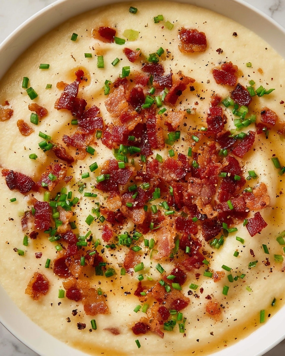 A close-up view of creamy mashed potatoes forming the base layer with a smooth, pale yellow texture, topped generously with crispy bacon bits that are reddish-brown and slightly glossy, scattered unevenly across the surface. Sprinkled over and between the bacon pieces are small, vibrant green chopped scallions, adding freshness and contrast. Fine specks of black pepper are scattered lightly around for added texture and color. The entire dish is shown on a white plate, set against a white marbled surface. photo taken with an iphone --ar 4:5 --v 7