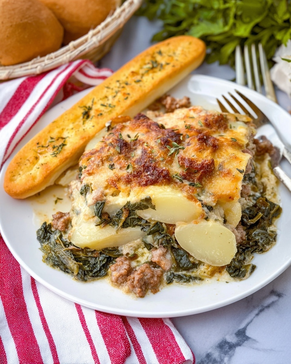 A close-up view of a white baking dish filled with a creamy, baked casserole topped with a golden, slightly browned cheese layer mixed with visible green herbs and leafy vegetables around the edges. The cheese has a melted, bubbly texture with crispy spots of light brown. The baking dish is placed on a white marbled surface with a wooden spoon resting nearby and fresh green parsley in the background. photo taken with an iphone --ar 4:5 --v 7