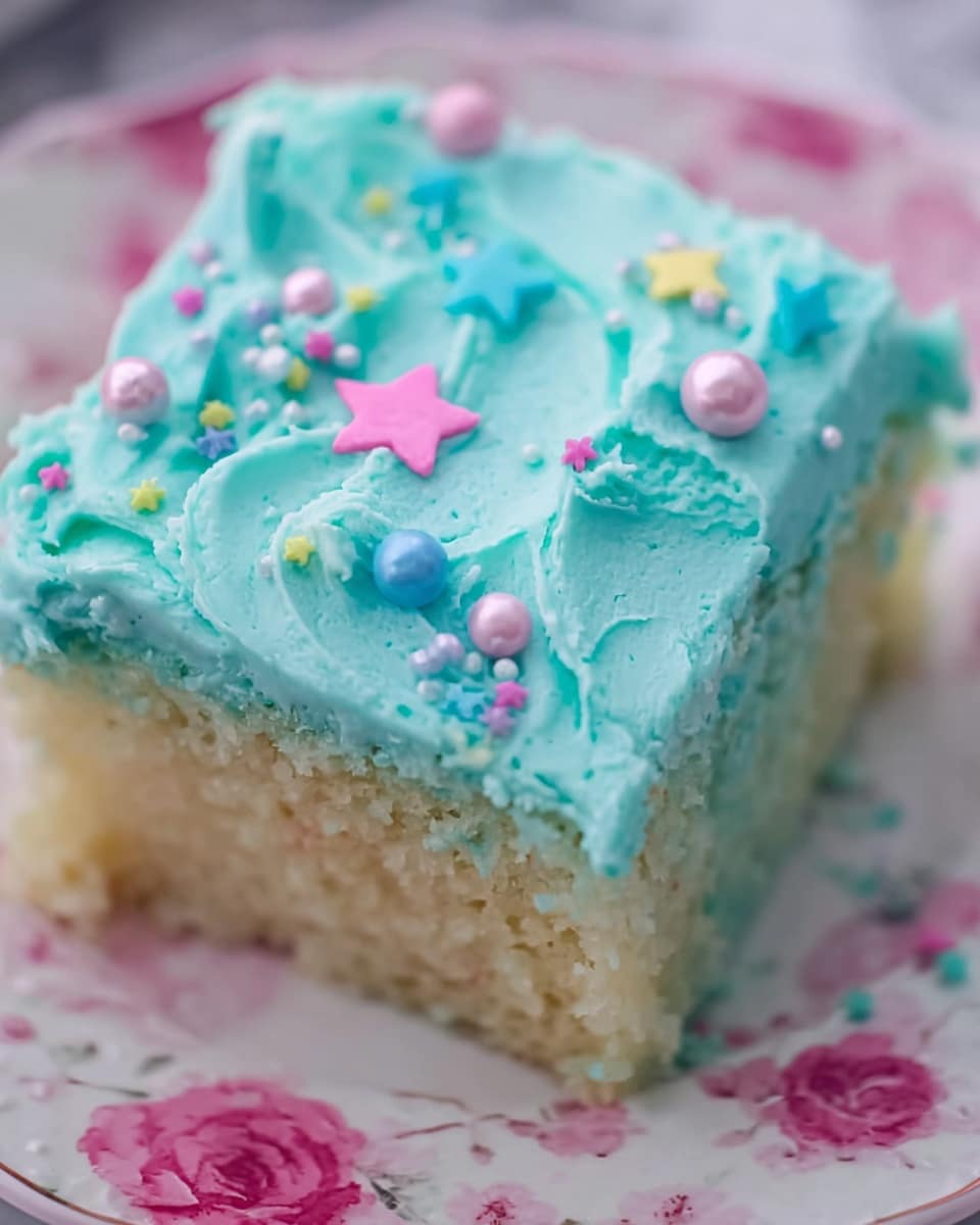 A square piece of light blue cake with a soft, crumbly texture is placed on a white plate with floral designs on the rim. The cake has a thick layer of sky-blue frosting on top, decorated with small pink and yellow star-shaped sprinkles, round pink beads, and tiny blue icing dots. The background shows blurred pastel blue and pink cotton candy against a white marbled texture. photo taken with an iphone --ar 4:5 --v 7