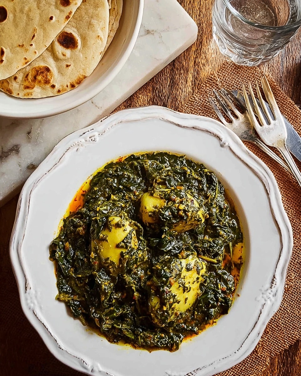 A white ornate plate holds a thick, dark green stew with visible chopped leafy vegetables and a slightly oily texture, covering three large pieces of soft yellow dumplings underneath. Above and slightly to the left, a white bowl contains two folded pale yellow flatbreads with brown spots, resting on a white marbled surface. To the right, part of two silver forks and a clear glass with water are visible on a wooden table with a brown textured cloth underneath the plate. photo taken with an iphone --ar 4:5 --v 7