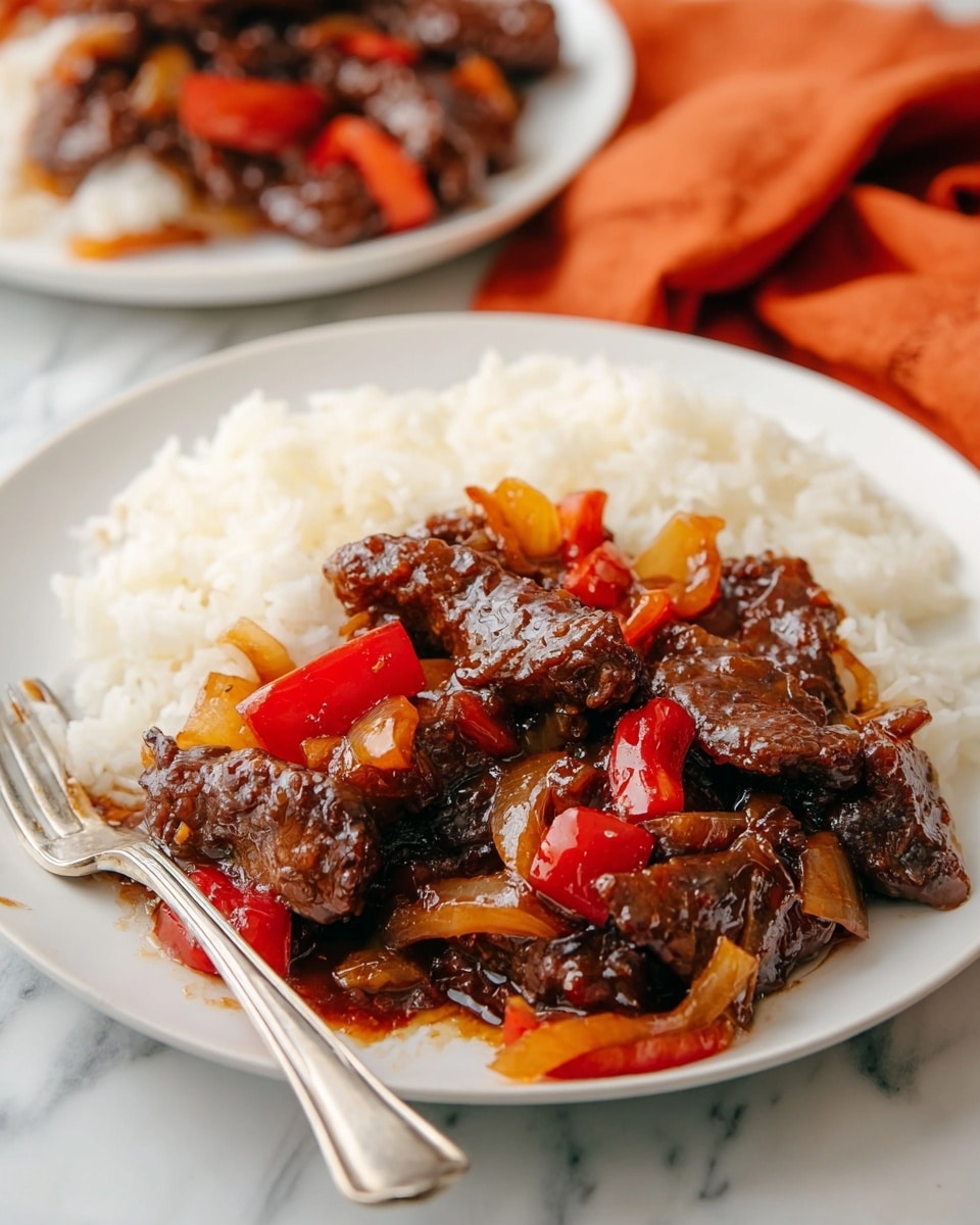 A white plate holds a serving of glossy, dark brown beef strips coated in a thick sauce, mixed with bright red bell pepper chunks and translucent light brown onion pieces. The beef and vegetables sit atop a bed of fluffy white rice that fills about half the plate. A silver fork is placed resting on the edge of the plate. In the background, there is another white plate with a similar meal and an orange cloth napkin, all set on a white marbled surface. Photo taken with an iphone --ar 4:5 --v 7