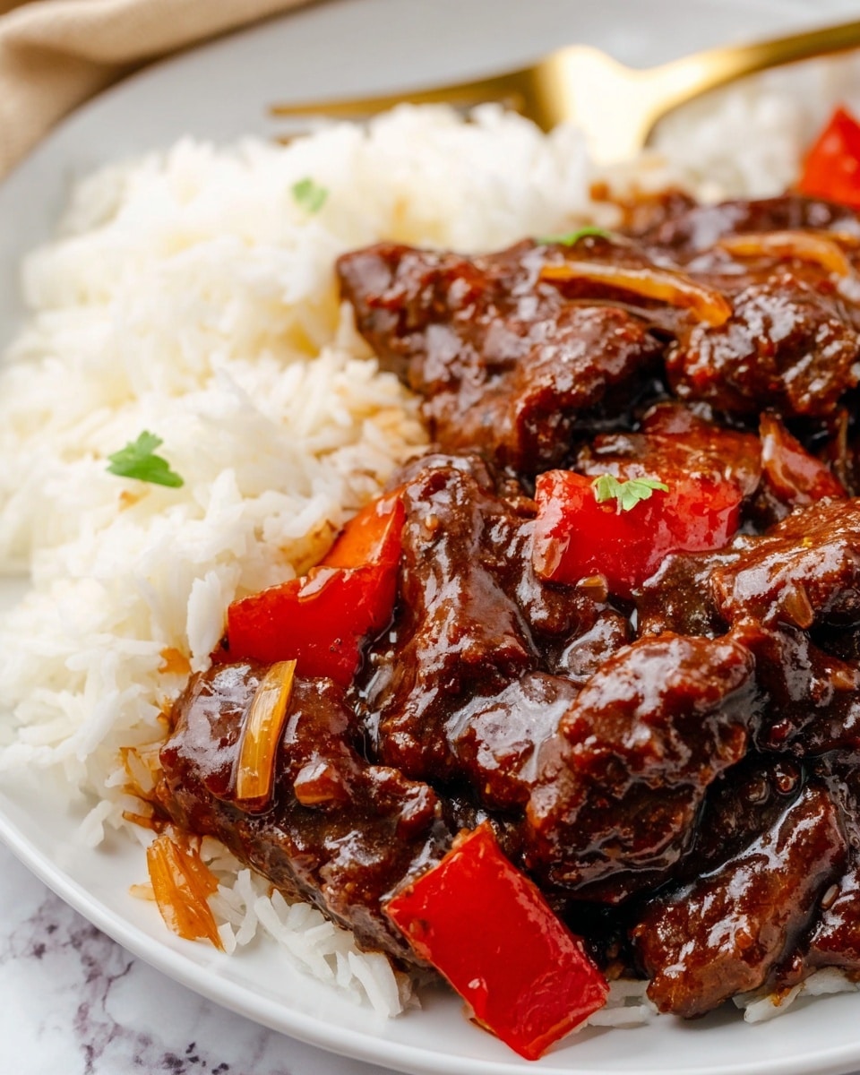 The image shows a close-up of a white plate with two main layers: the base layer is fluffy white rice, and on top is a thick, glossy, dark brown sauce with chunks of tender beef and bright red bell pepper pieces. Small pieces of light yellow onion add texture within the rich sauce, which looks sticky and shiny, coating every ingredient. The surface beneath the plate is a white marbled texture, and a gold fork is partially visible at the plate’s edge. Photo taken with an iphone --ar 4:5 --v 7