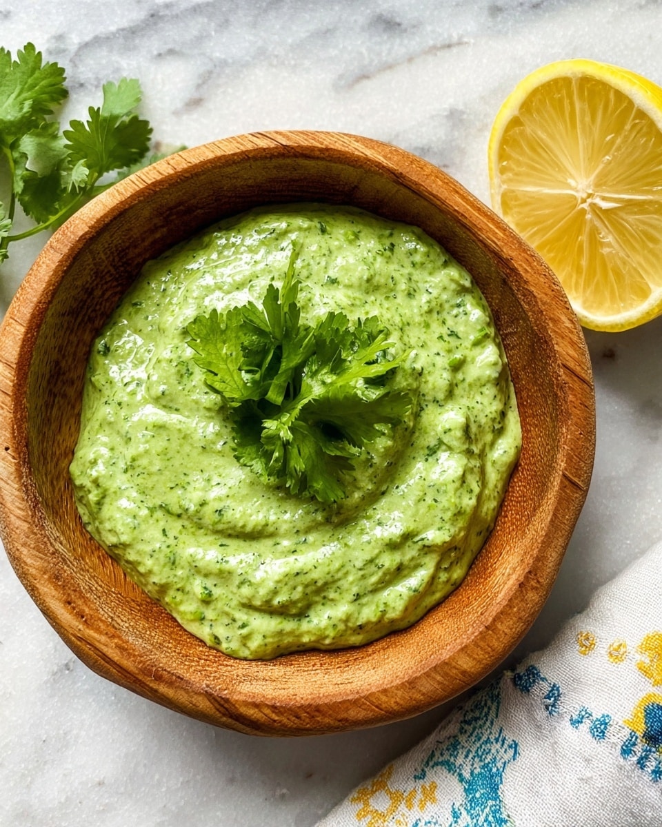 A rustic wooden bowl filled with a thick, creamy green sauce that has a slightly chunky texture, topped with a small cluster of fresh green cilantro leaves. The bowl sits on a white marbled surface next to a half-cut lemon showing its juicy, yellow inside, and part of a white cloth with blue and yellow pattern is visible on the right side of the image. photo taken with an iphone --ar 4:5 --v 7