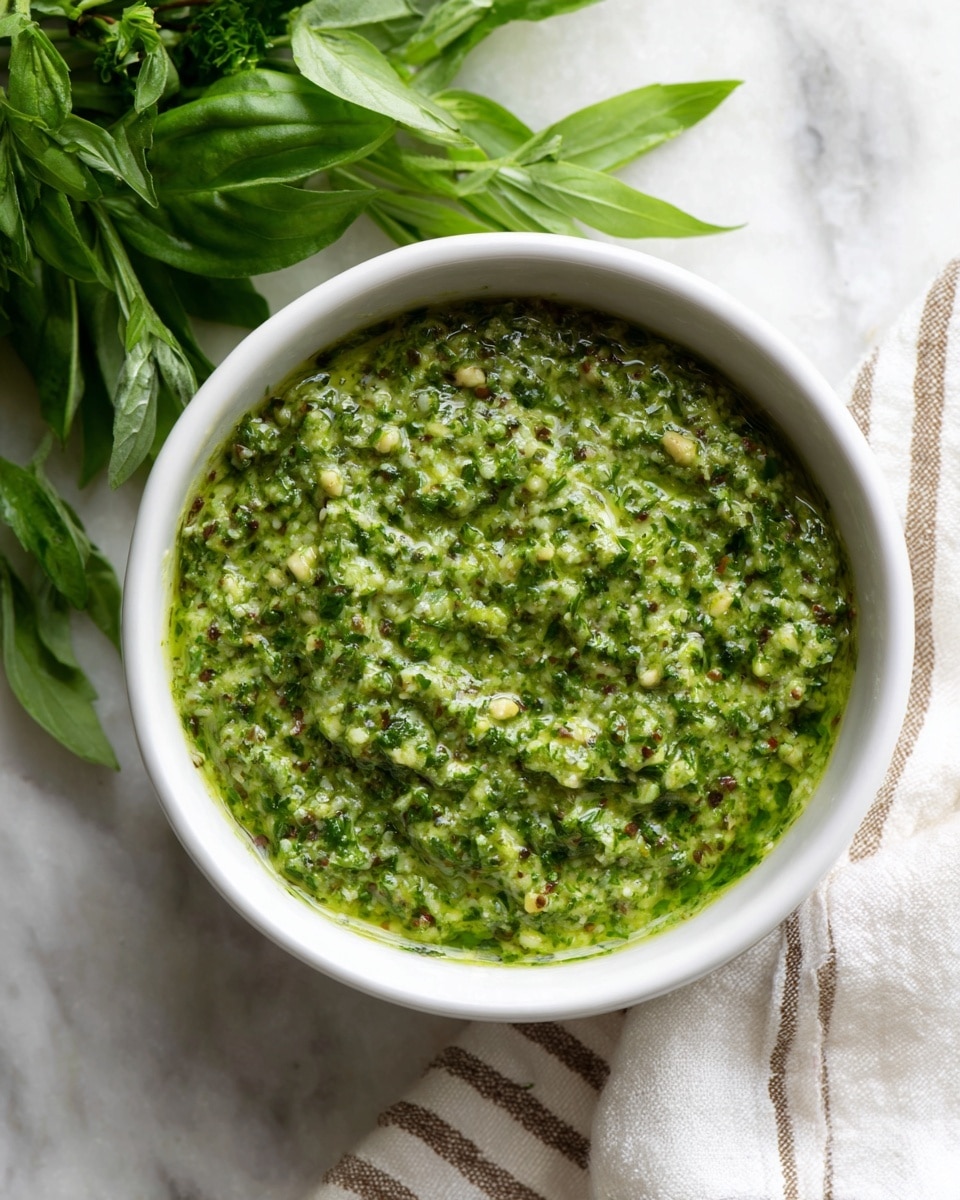 A white bowl filled with a thick, textured green sauce made from finely chopped herbs and nuts, showing small bits of darker and lighter green. The sauce fills the bowl almost to the top with a slightly uneven surface. The bowl sits on a white marbled surface, next to a small bunch of fresh leafy green herbs to the left and a white cloth with thin beige stripes to the right. Photo taken with an iphone --ar 4:5 --v 7