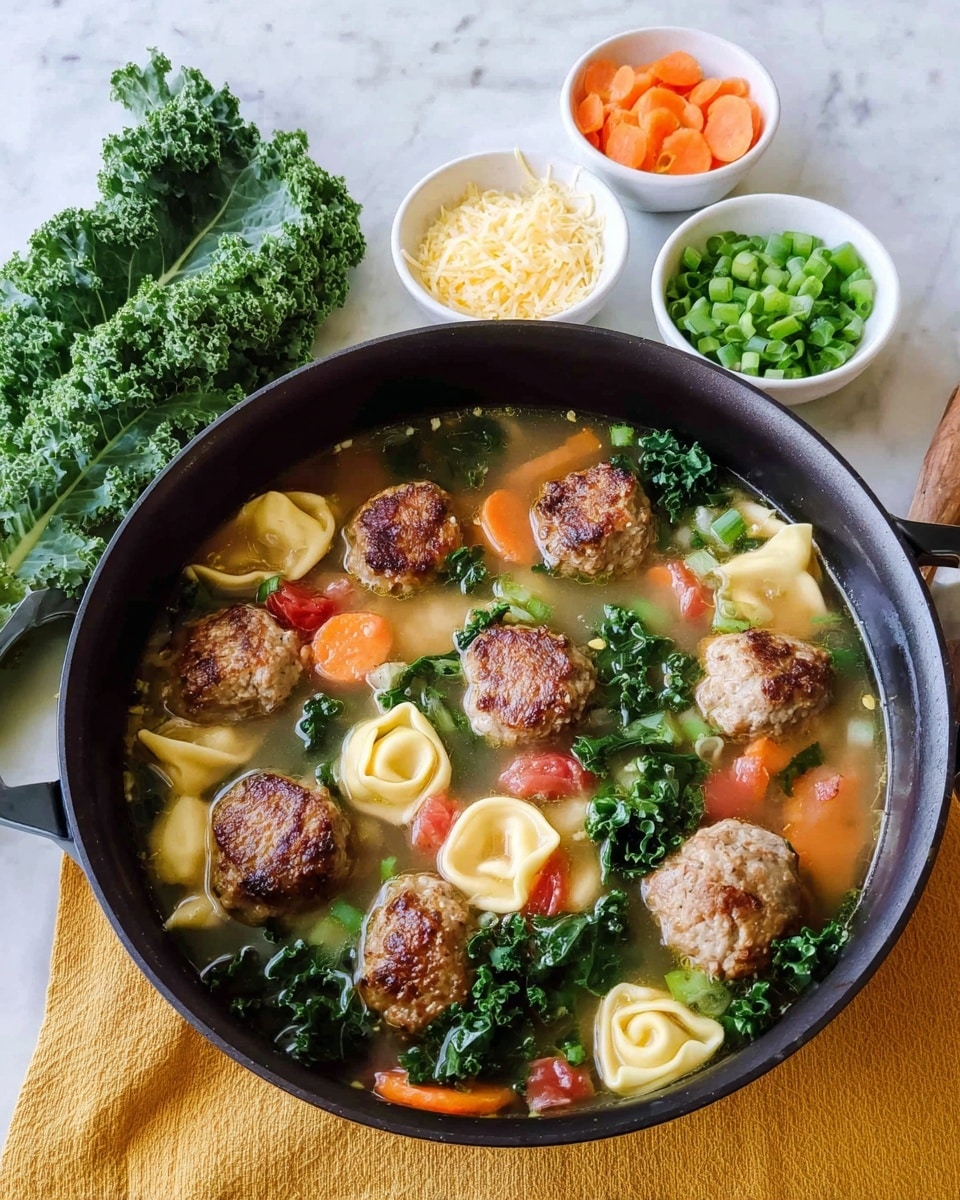 A black pan filled with clear broth soup containing seven browned meatballs, bright orange carrot slices, dark green kale pieces, small red tomato chunks, and pale yellow tortellini floating inside. Behind the pan, there are three small white bowls arranged in a row, each containing chopped green onions, shredded cheese, and more carrot slices. Fresh dark green kale leaves lie to the left on a white marbled surface with a mustard yellow cloth under the pan. Photo taken with an iphone --ar 4:5 --v 7
