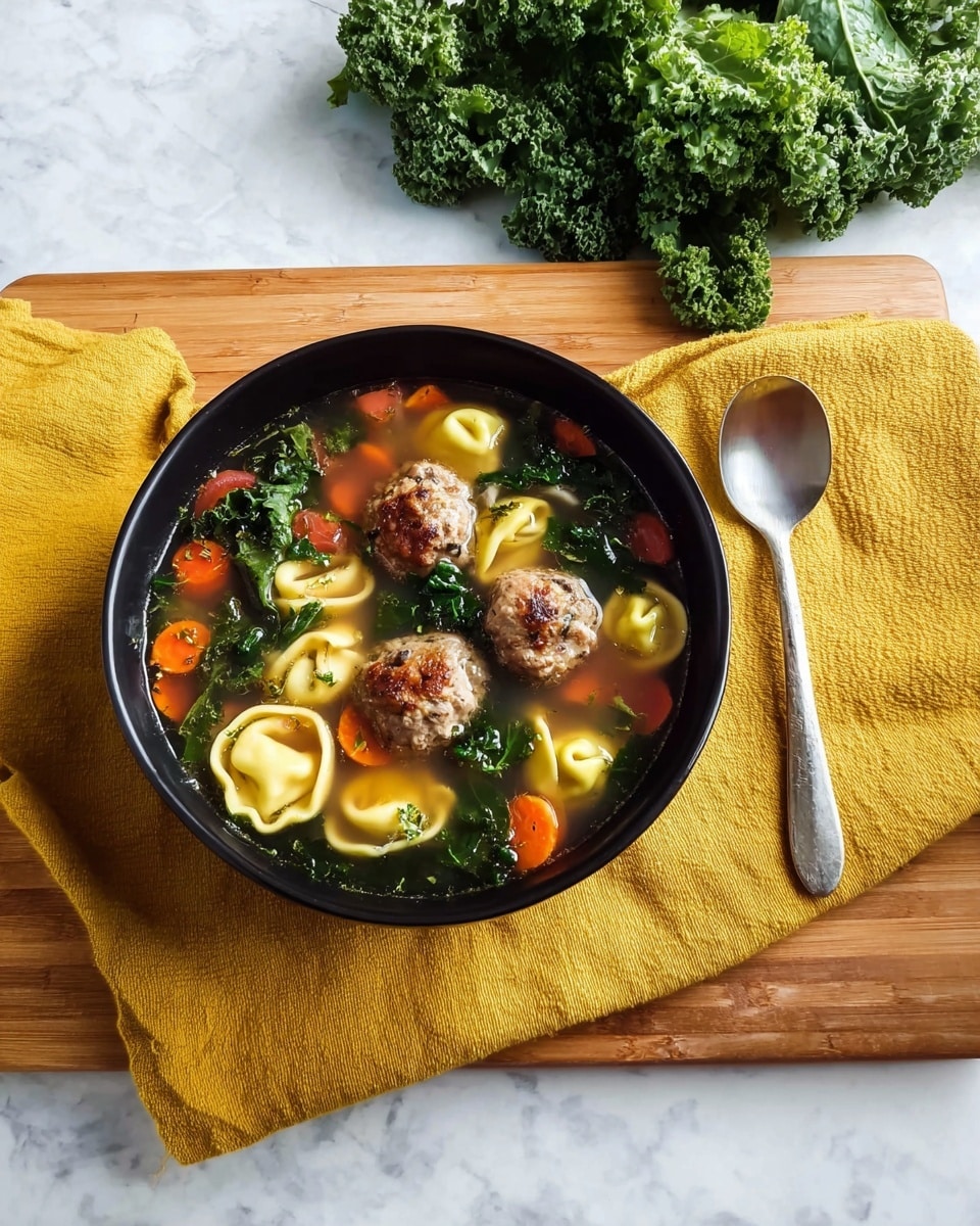 A black bowl filled with clear broth soup sits on a mustard-yellow cloth atop a wooden board on a white marbled surface. The soup has three browned meatballs floating near the center, surrounded by bright orange carrot slices, green tortellini pasta, and dark green kale leaves. A silver spoon rests on the right side of the board. Fresh green curly kale leaves are placed behind the bowl in the upper left corner. The overall scene is bright with natural light. photo taken with an iphone --ar 4:5 --v 7