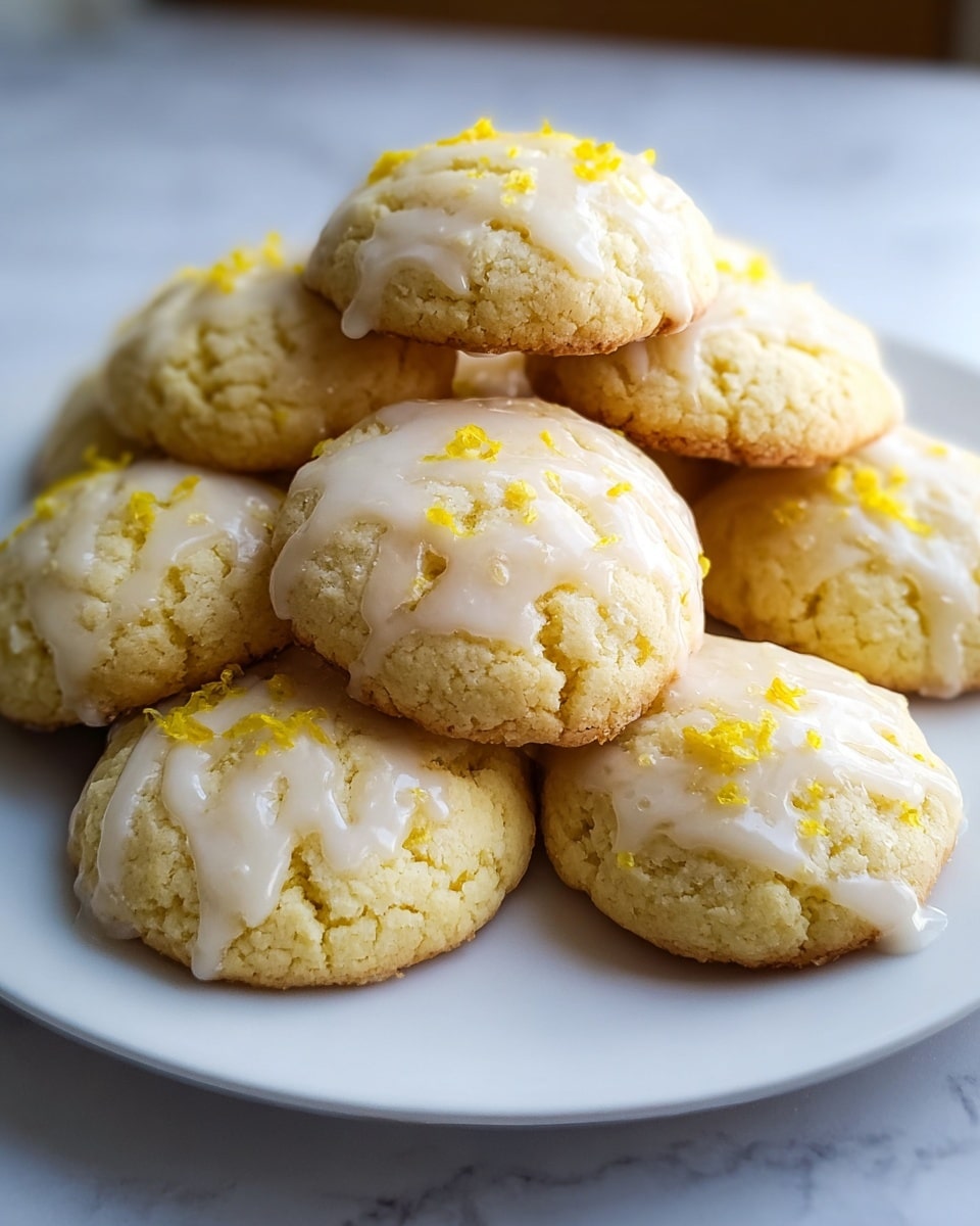 A white plate holds a pile of soft, round lemon cookies with a slightly cracked golden surface. Each cookie is covered with a shiny white glaze that drips down the sides gently. Small bits of bright yellow lemon zest are scattered on top, adding a pop of color and texture. The cookies are stacked closely together, some leaning on each other, showing a fluffy, crumbly texture, all set on a white marbled surface in soft natural light. photo taken with an iphone --ar 4:5 --v 7
